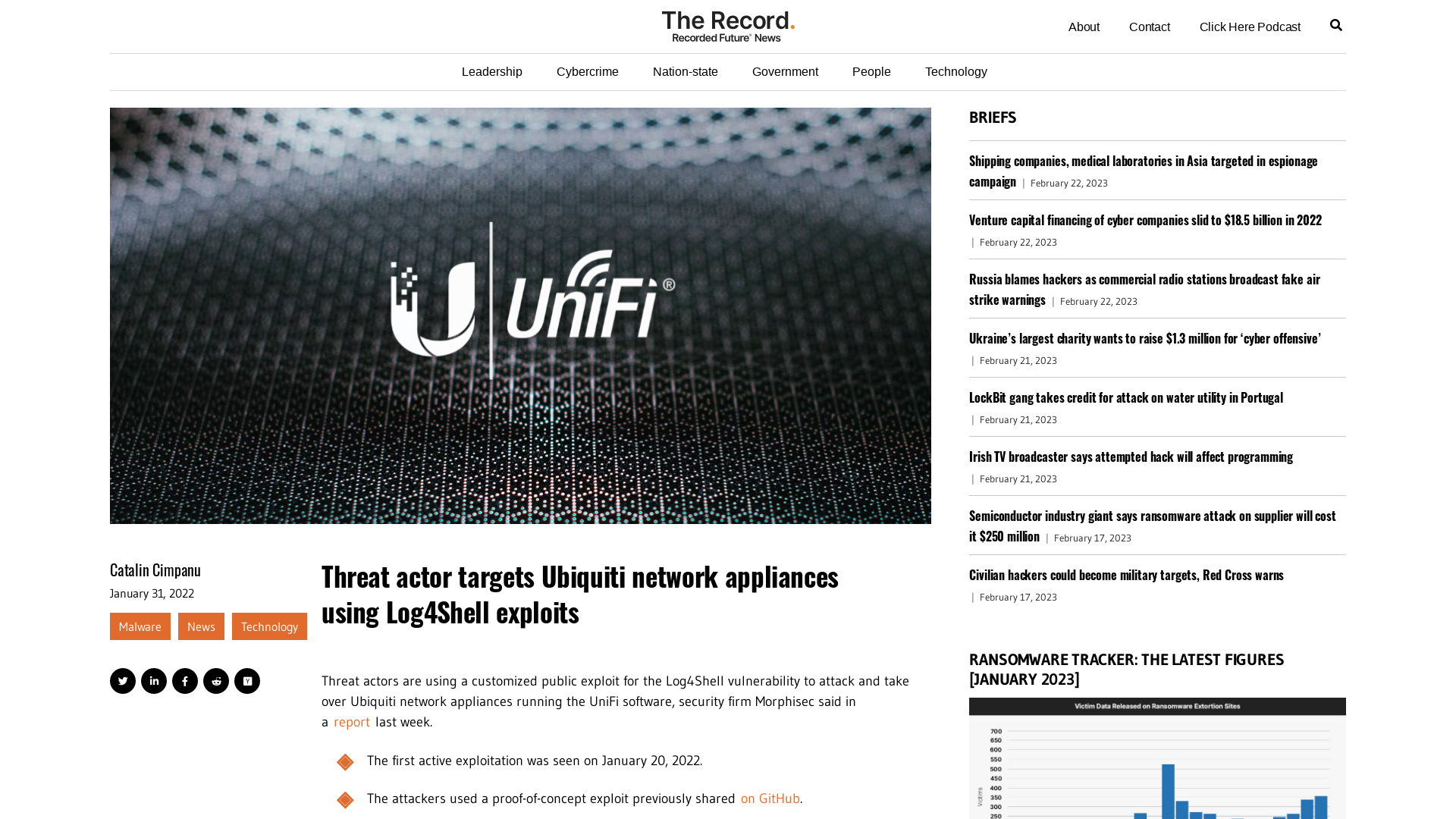 Threat actor targets Ubiquiti network appliances using Log4Shell exploits - The Record from Recorded Future News