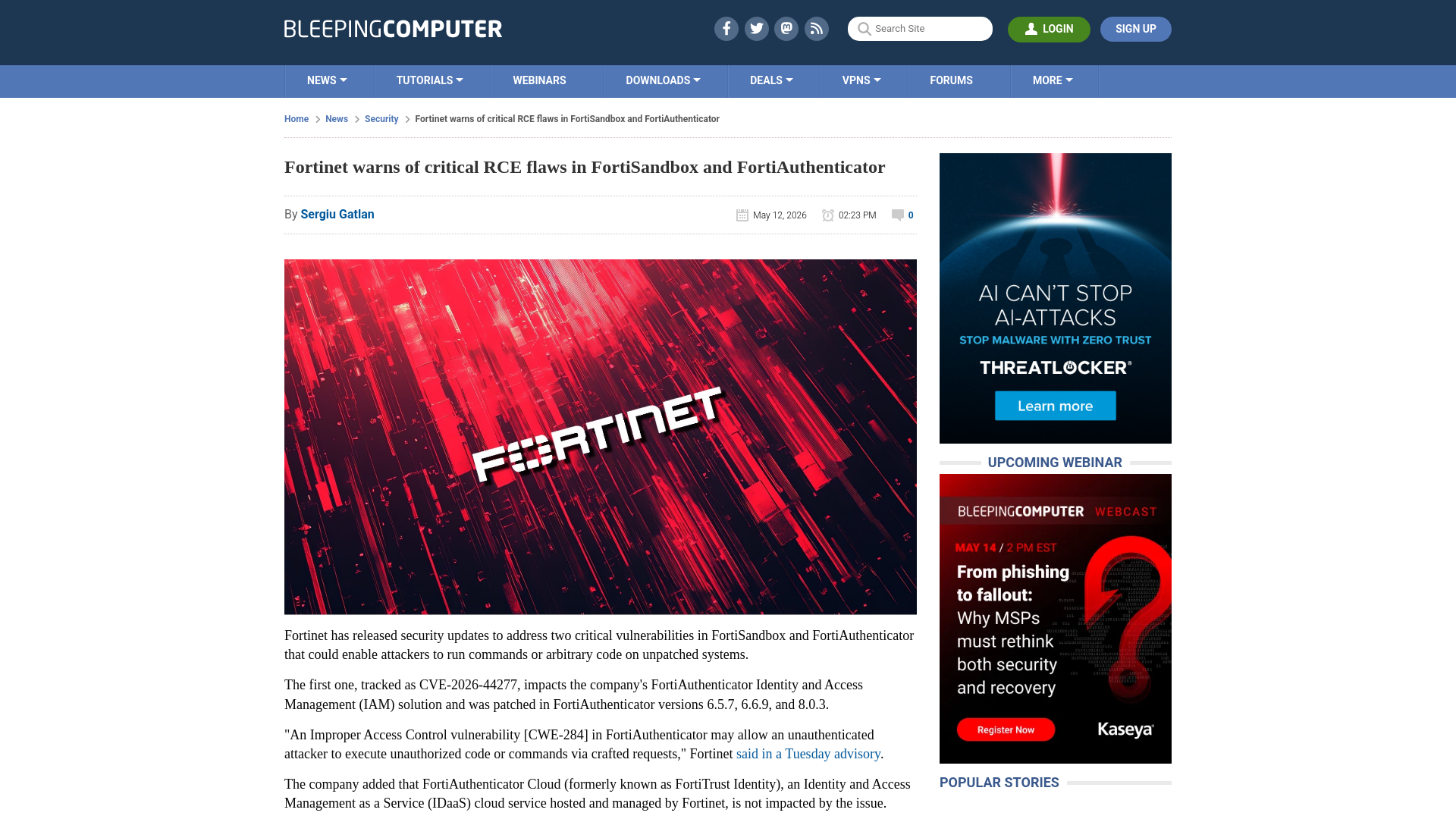 Fortinet warns of critical RCE flaws in FortiSandbox and FortiAuthenticator