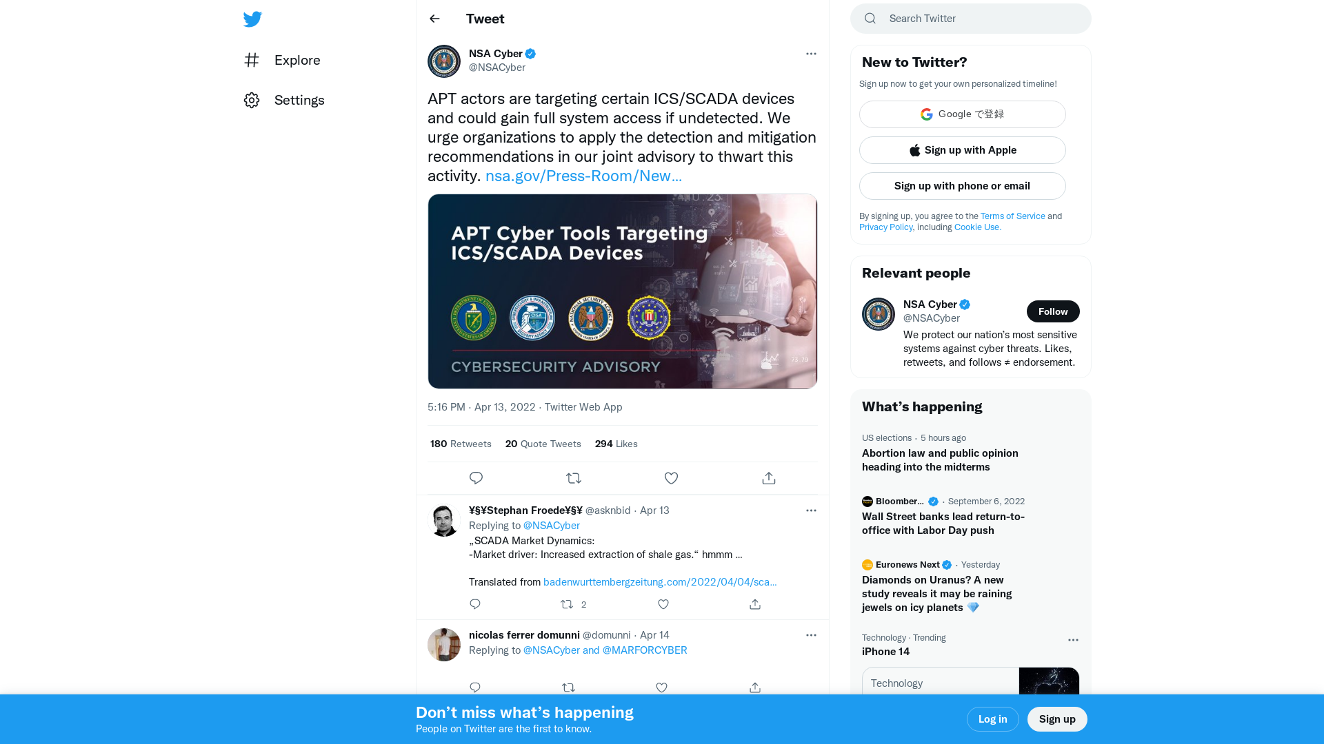 NSA Cyber on Twitter: "APT actors are targeting certain ICS/SCADA devices and could gain full system access if undetected. We urge organizations to apply the detection and mitigation recommendations in our joint advisory to thwart this activity. https://t.co/tx5BX1cmQc https://t.co/EO7cfFaMv8" / Twitter