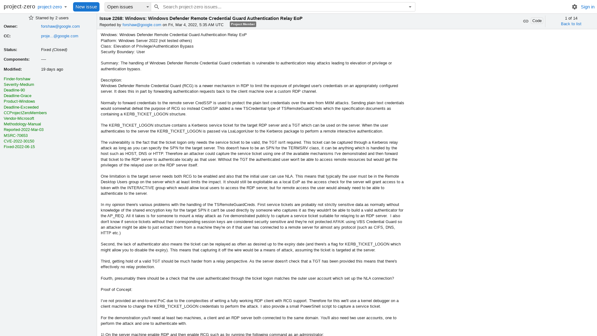 2268 - Windows: Windows Defender Remote Credential Guard Authentication Relay EoP - project-zero