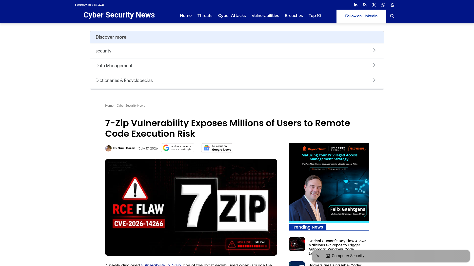 7-Zip Vulnerability Exposes Millions of Users to Remote Code Execution Risk