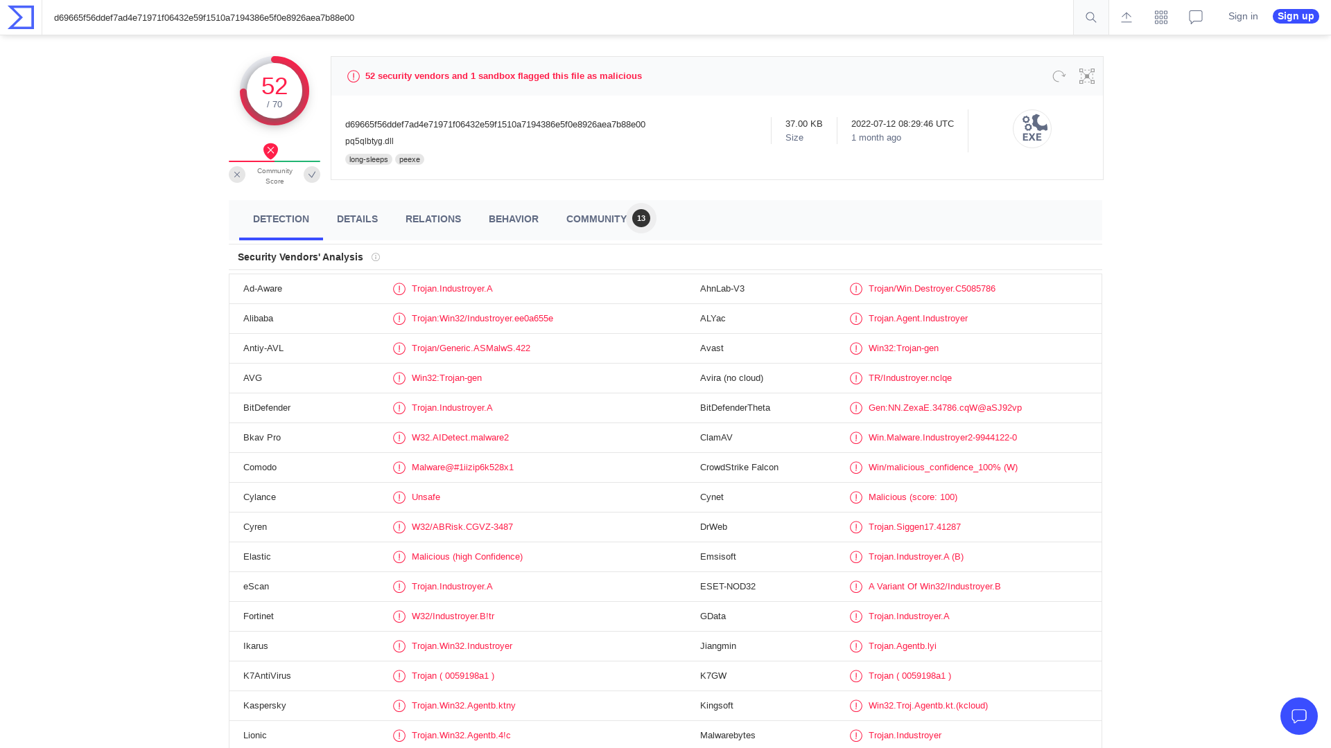 VirusTotal - File - d69665f56ddef7ad4e71971f06432e59f1510a7194386e5f0e8926aea7b88e00