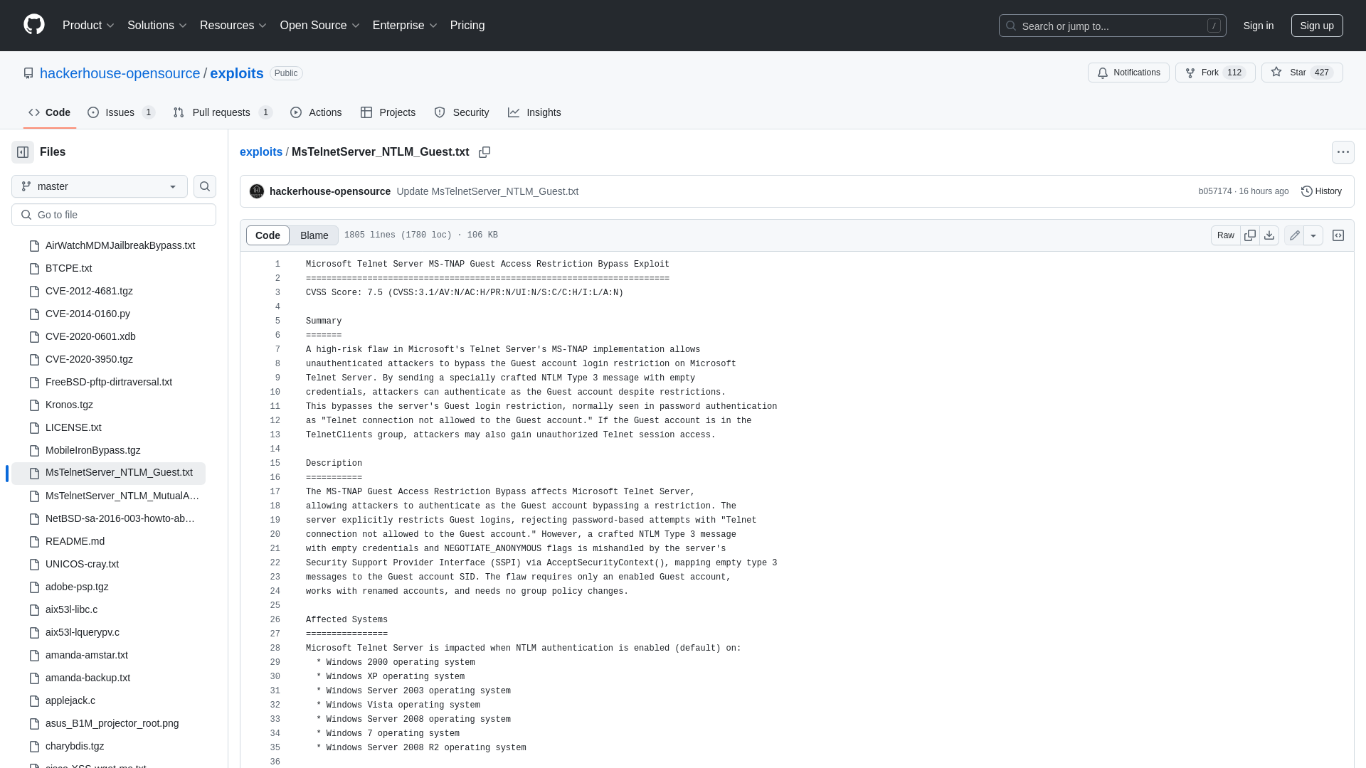 exploits/MsTelnetServer_NTLM_Guest.txt at master · hackerhouse-opensource/exploits · GitHub