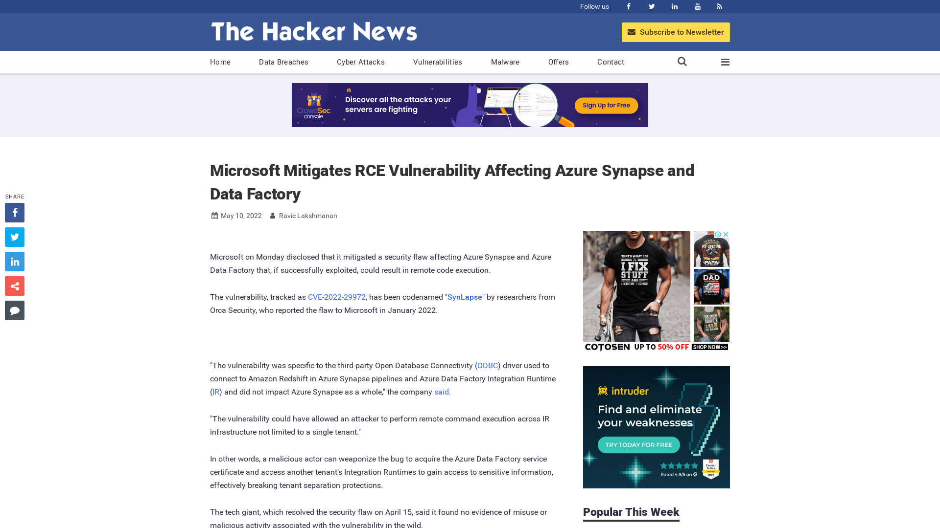 Microsoft Mitigates RCE Vulnerability Affecting Azure Synapse and Data Factory