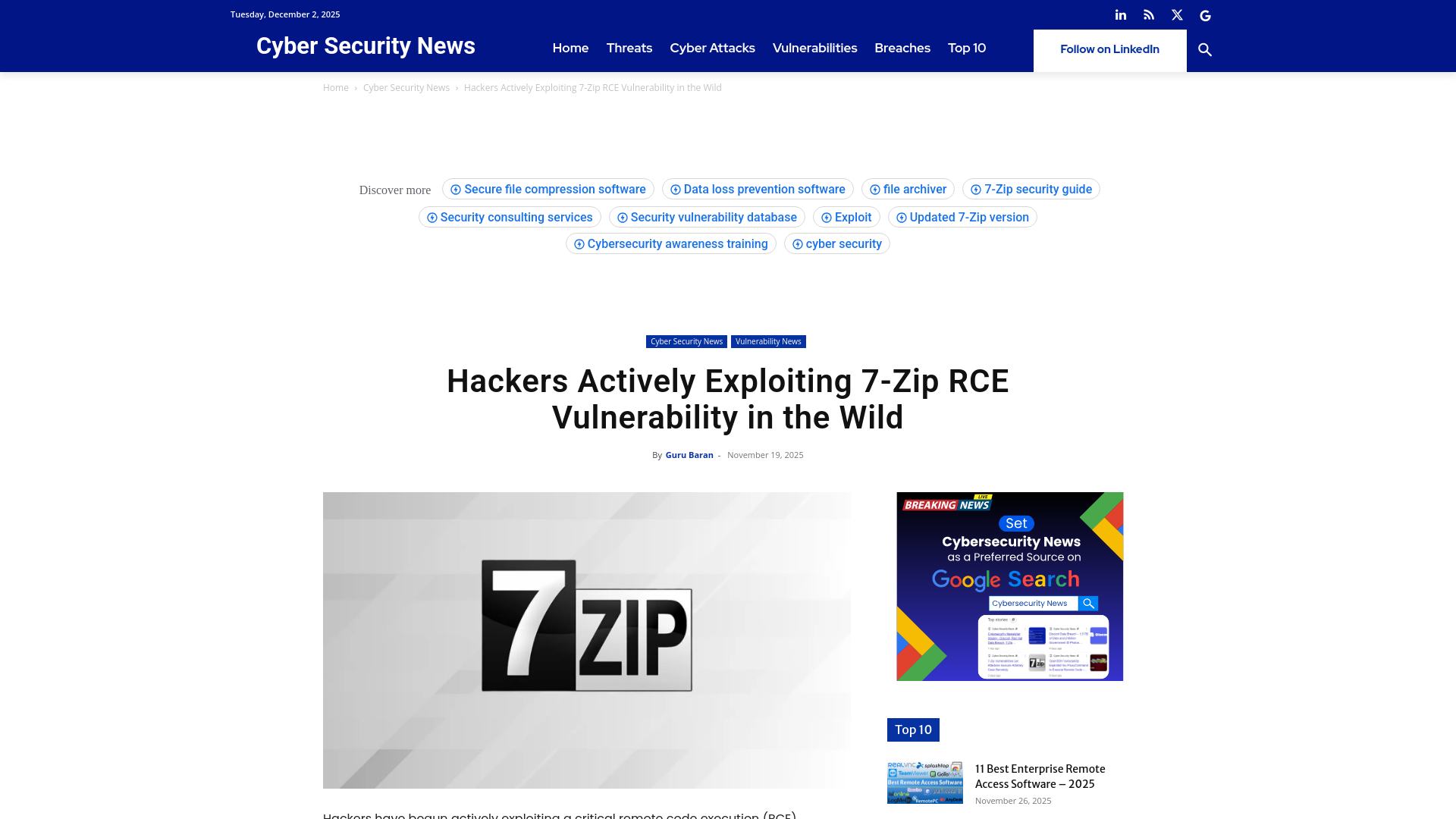 Hackers Actively Exploiting 7-Zip RCE Vulnerability in the Wild