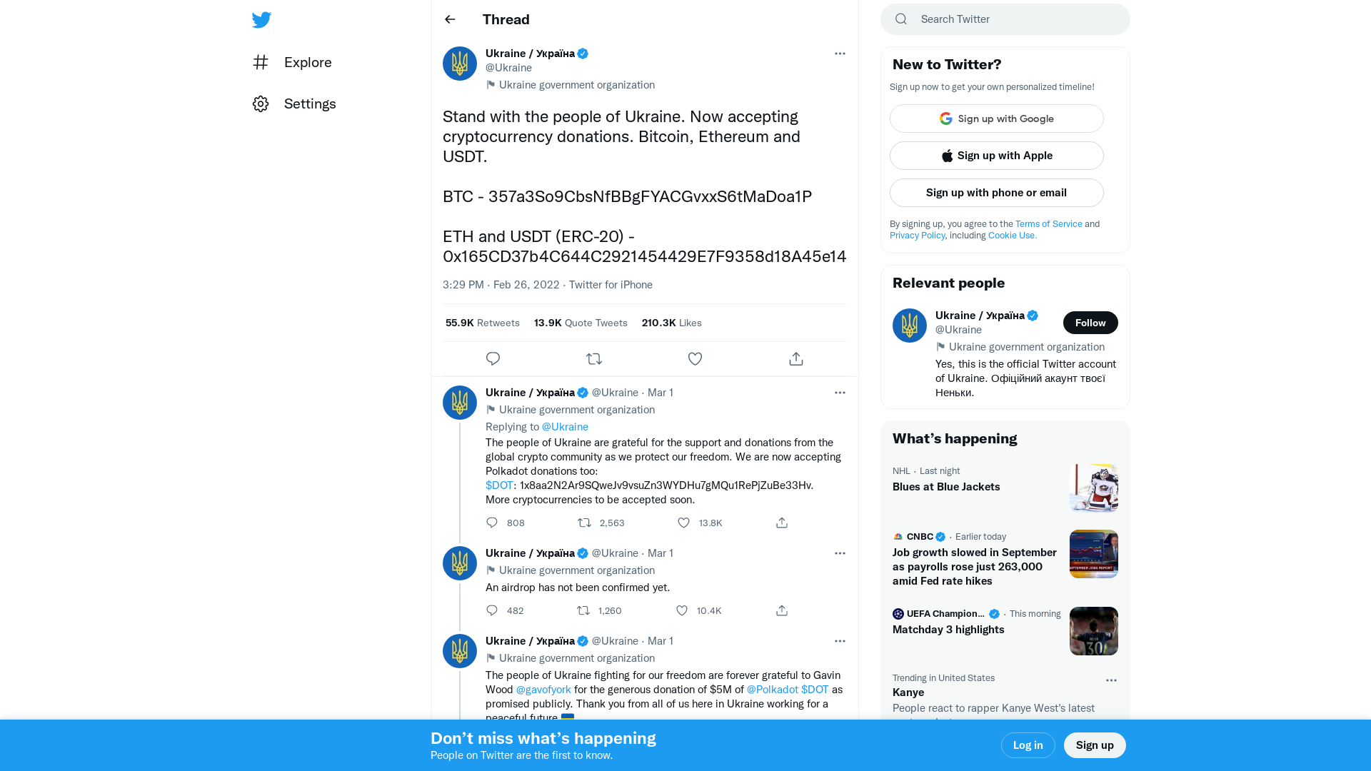 Ukraine / Україна on Twitter: "Stand with the people of Ukraine. Now accepting cryptocurrency donations. Bitcoin, Ethereum and USDT. BTC - 357a3So9CbsNfBBgFYACGvxxS6tMaDoa1P ETH and USDT (ERC-20) - 0x165CD37b4C644C2921454429E7F9358d18A45e14" / Twitter