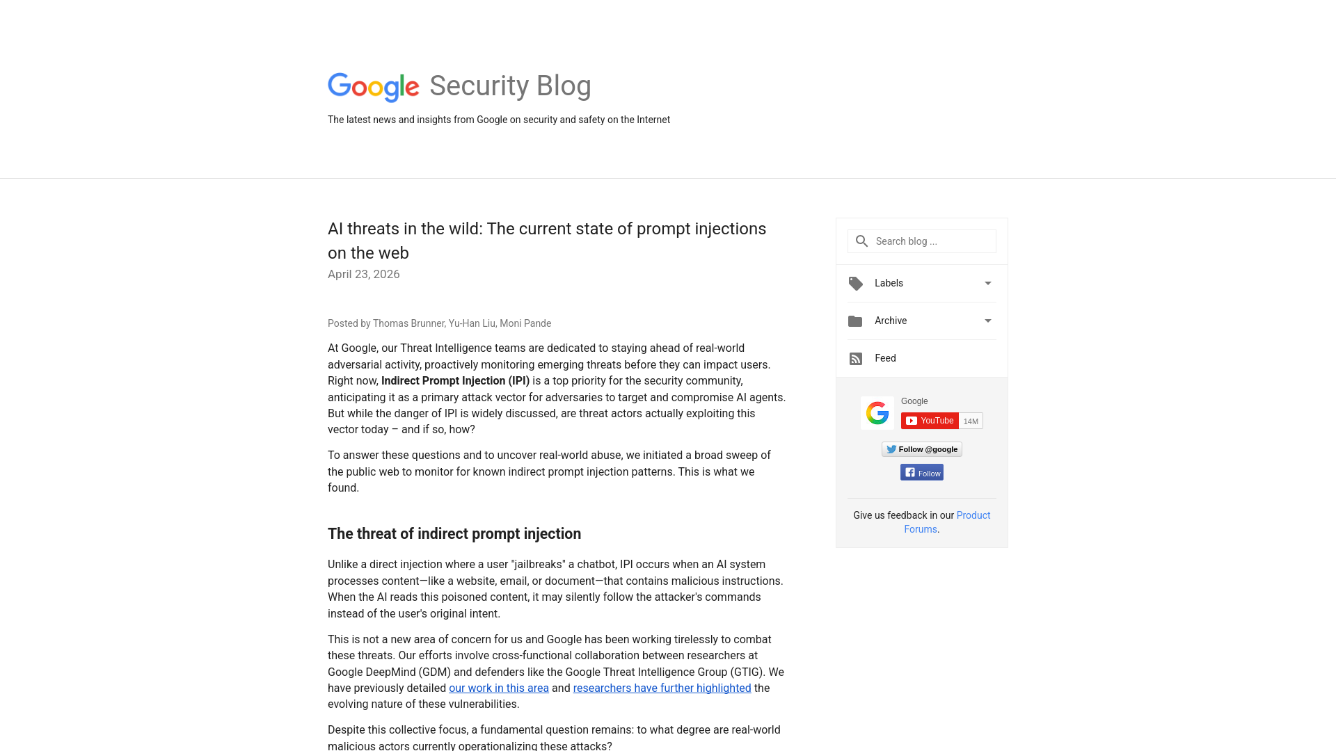Google Online Security Blog: AI threats in the wild: The current state of prompt injections on the web