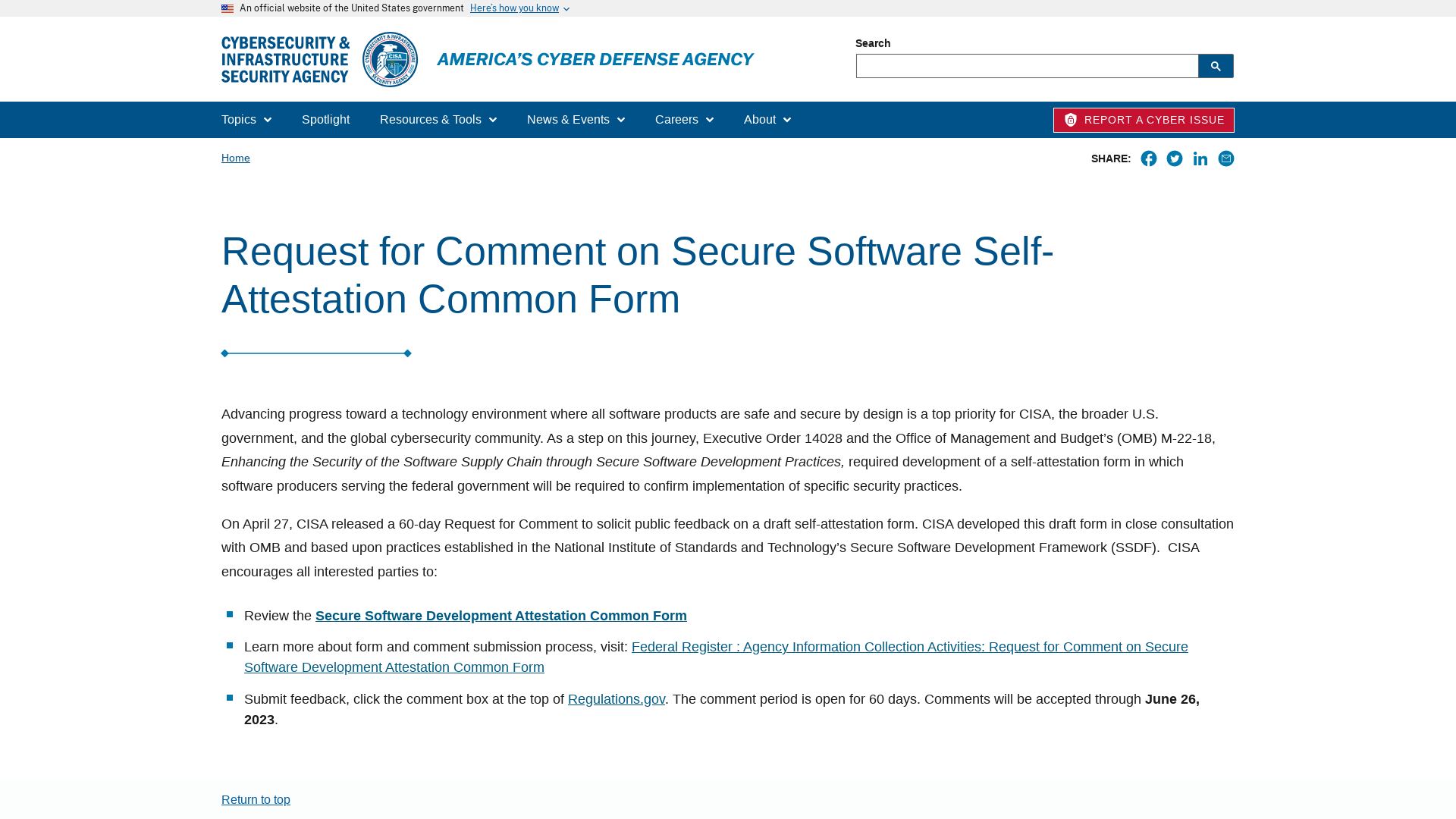 Request for Comment on Secure Software Self-Attestation Common Form | CISA