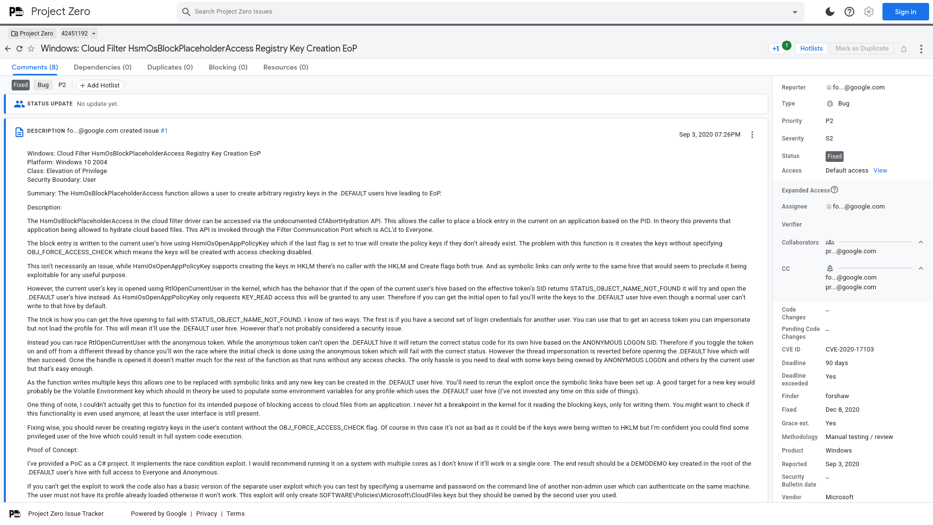 Windows: Cloud Filter HsmOsBlockPlaceholderAccess Registry Key Creation EoP [42451192] - Project Zero