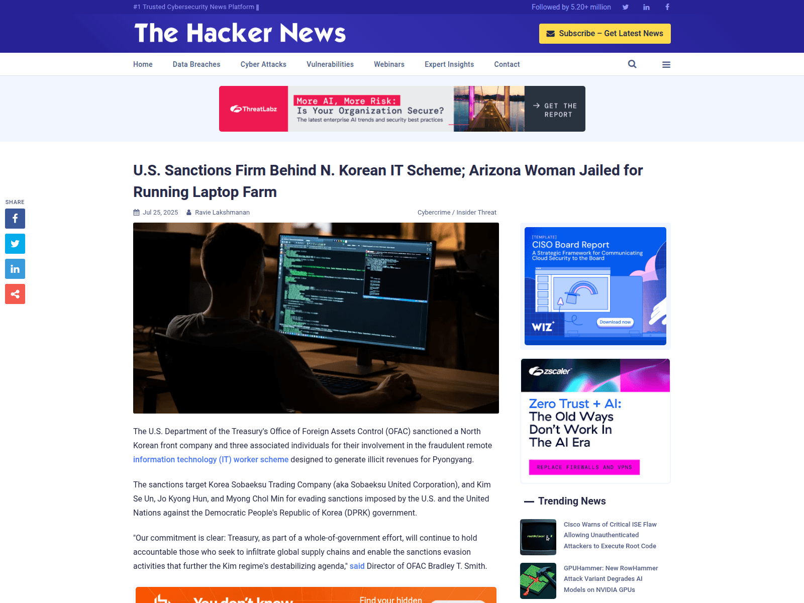 U.S. Sanctions Firm Behind N. Korean IT Scheme; Arizona Woman Jailed for Running Laptop Farm