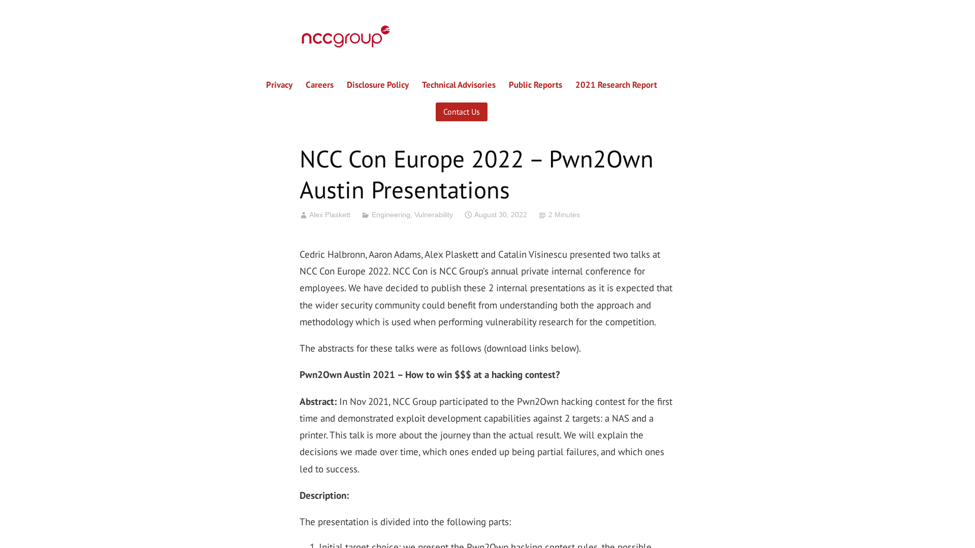 NCC Con Europe 2022 – Pwn2Own Austin Presentations – NCC Group Research