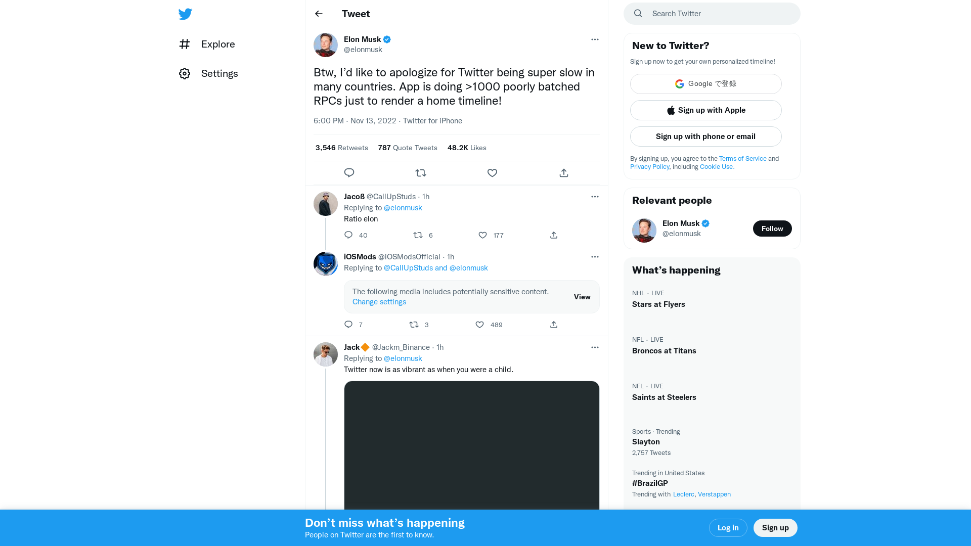 Elon Musk on Twitter: "Btw, I’d like to apologize for Twitter being super slow in many countries. App is doing &gt;1000 poorly batched RPCs just to render a home timeline!" / Twitter