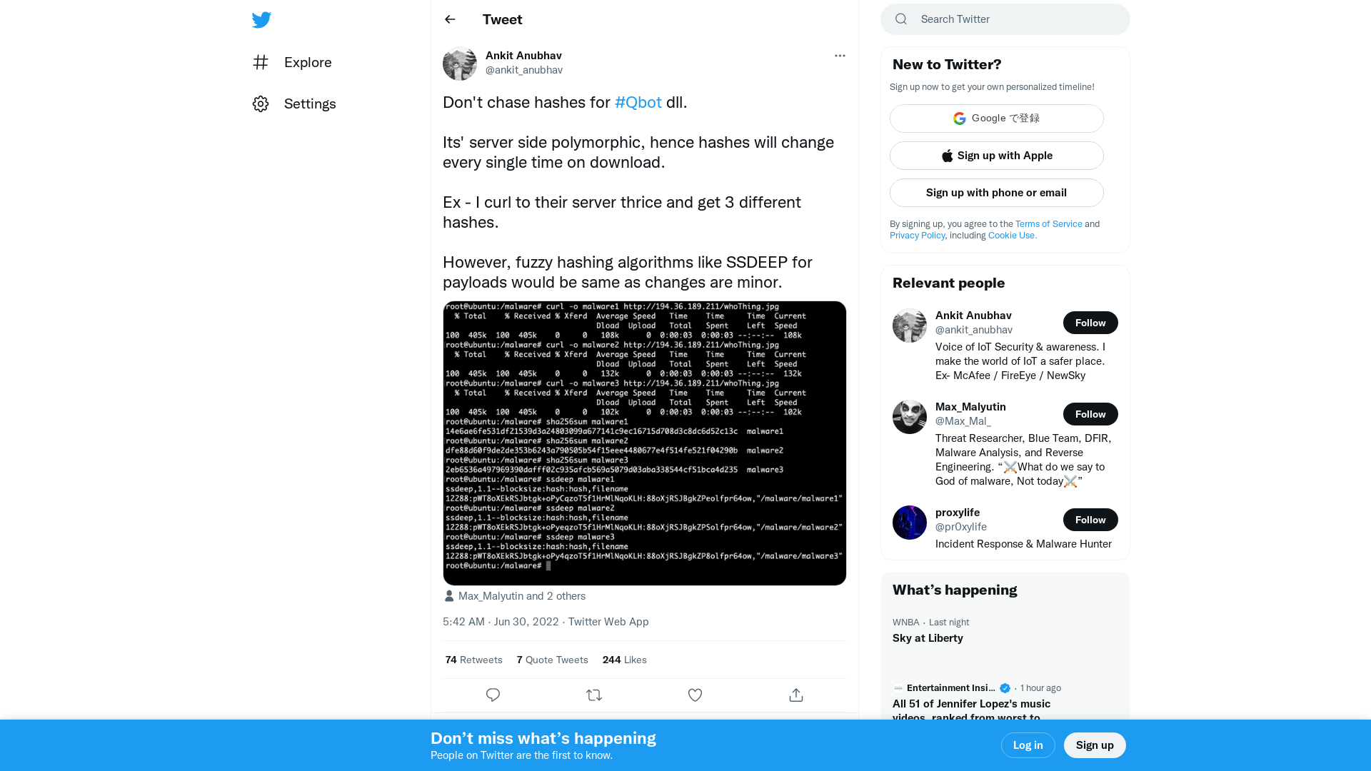 Ankit Anubhav on Twitter: "Don't chase hashes for #Qbot dll. Its' server side polymorphic, hence hashes will change every single time on download. Ex - I curl to their server thrice and get 3 different hashes. However, fuzzy hashing algorithms like SSDEEP for payloads would be same as changes are minor. https://t.co/lgslKVBzkR" / Twitter