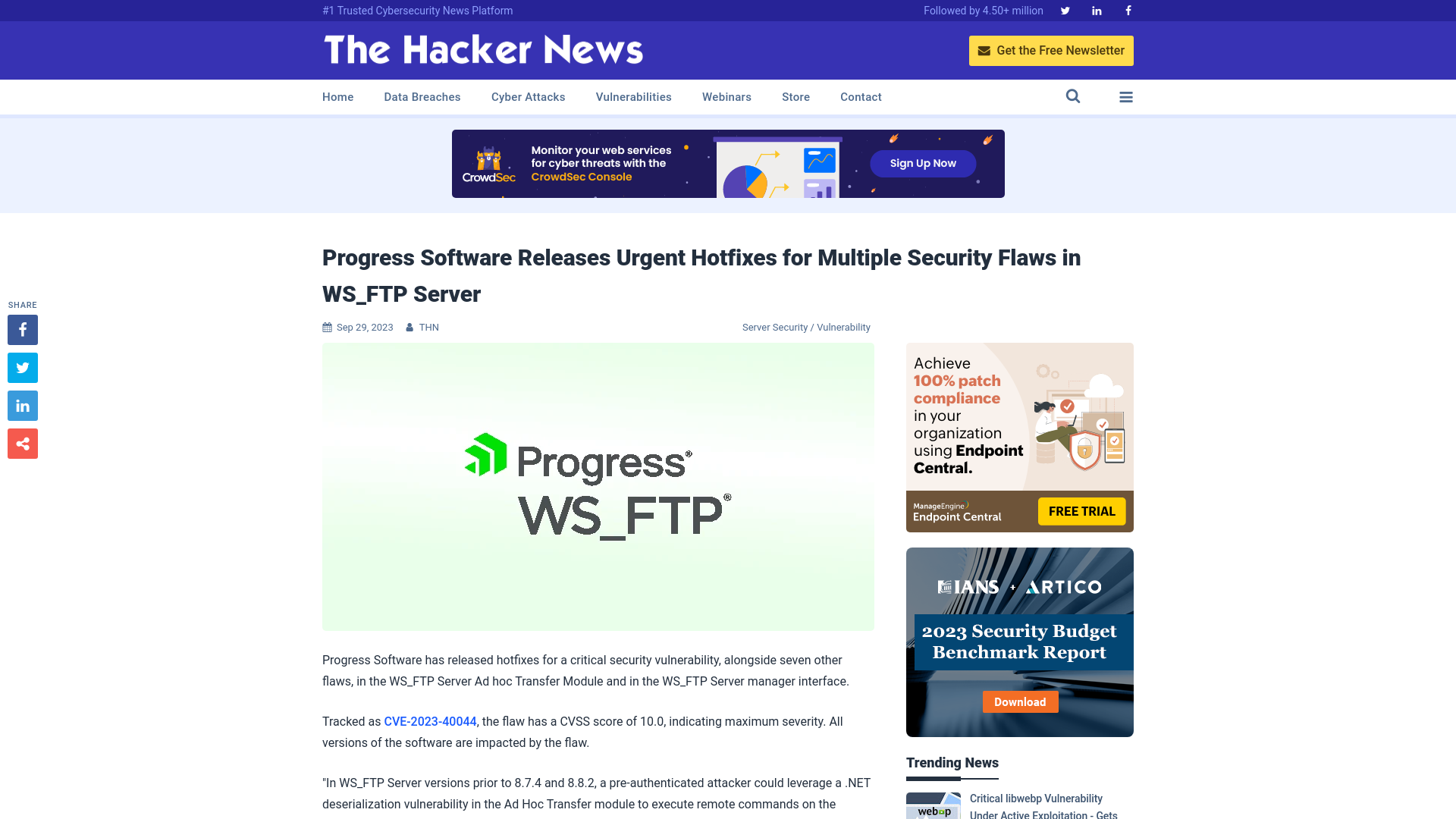 Progress Software Releases Urgent Hotfixes for Multiple Security Flaws in WS_FTP Server