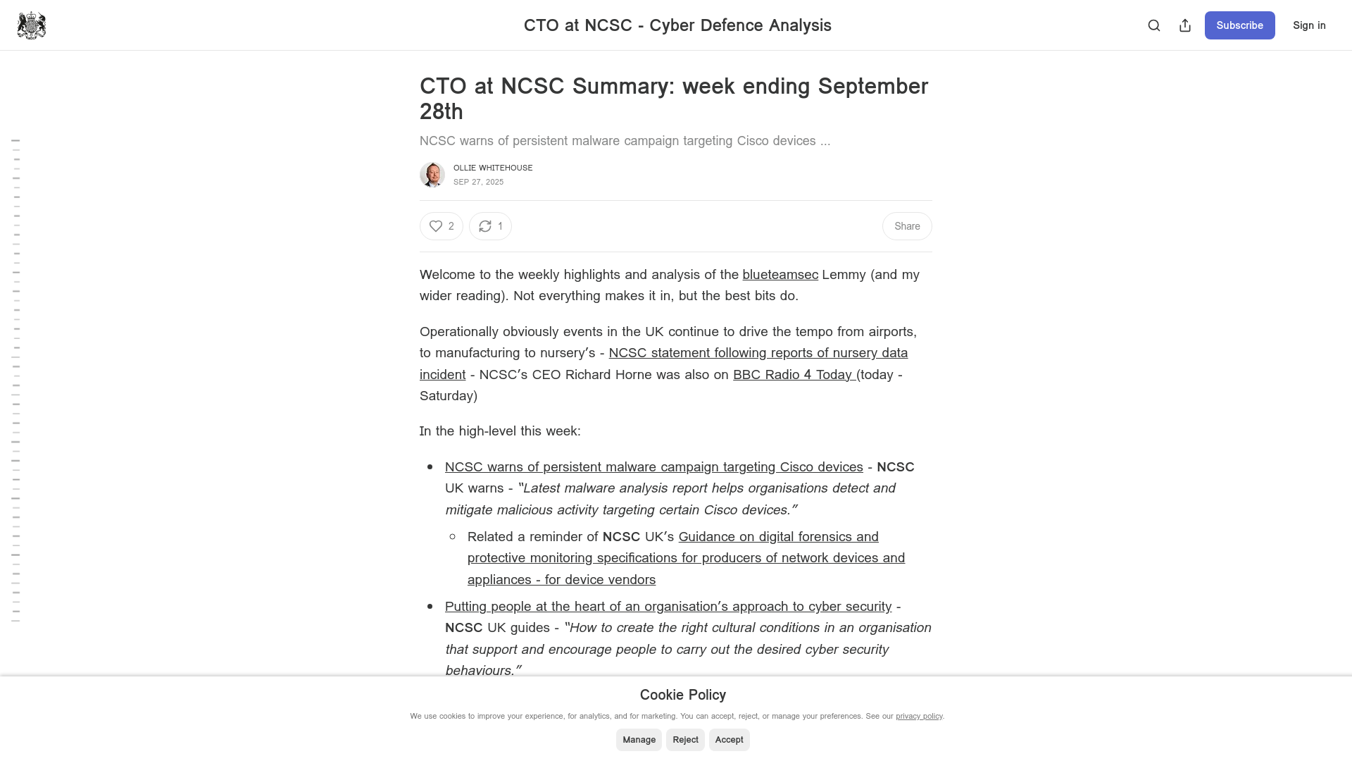 CTO at NCSC Summary: week ending September 28th