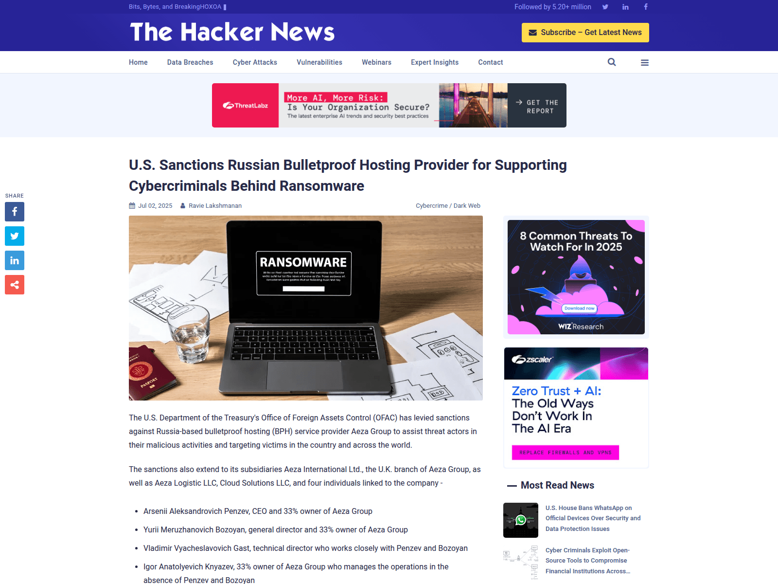 U.S. Sanctions Russian Bulletproof Hosting Provider for Supporting Cybercriminals Behind Ransomware