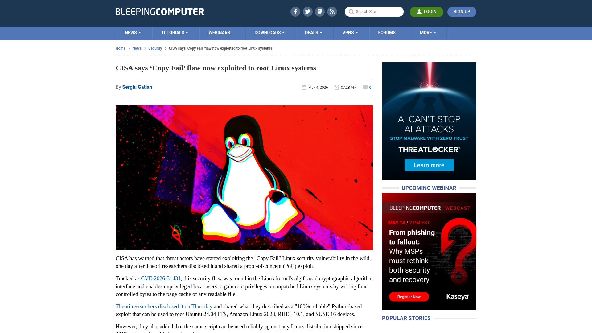 CISA says ‘Copy Fail’ flaw now exploited to root Linux systems