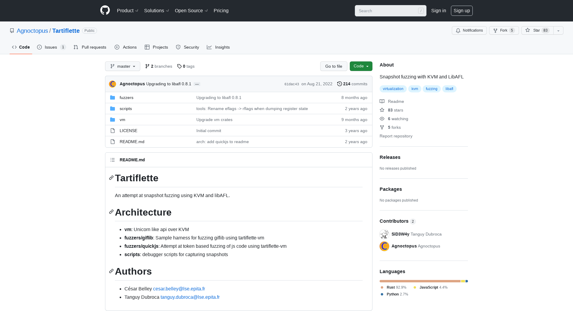 GitHub - Agnoctopus/Tartiflette: Snapshot fuzzing with KVM and LibAFL