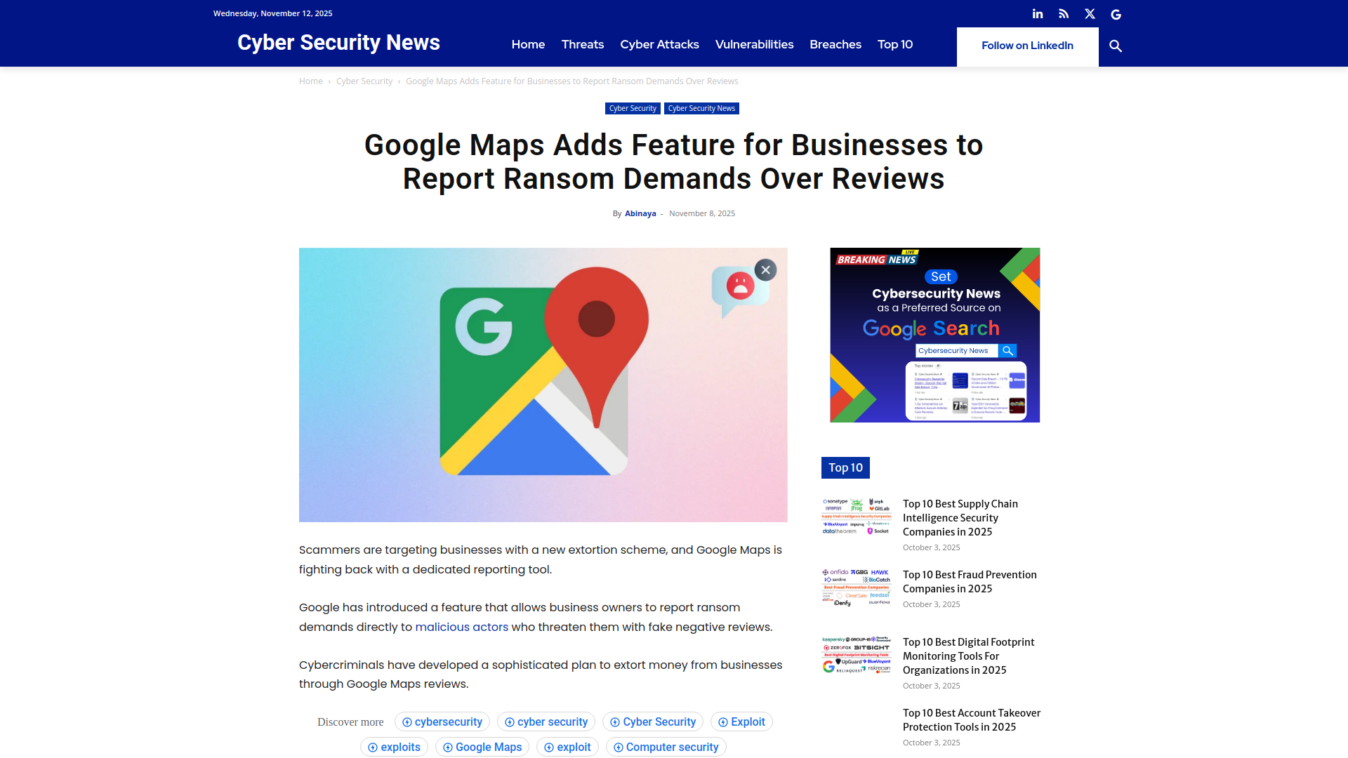Google Maps Adds Feature for Businesses to Report Ransom Demands Over Reviews