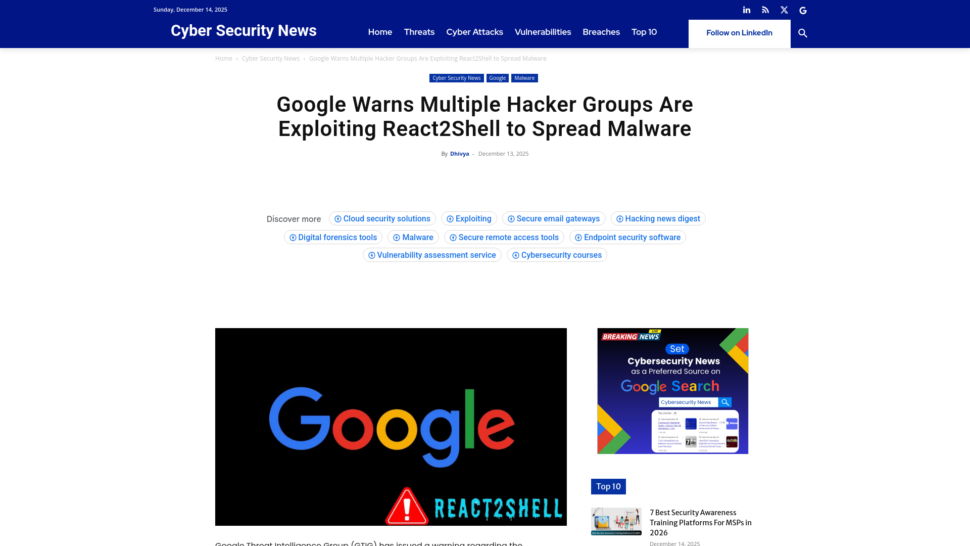 Google Warns Multiple Hacker Groups Are Exploiting React2Shell to Spread Malware