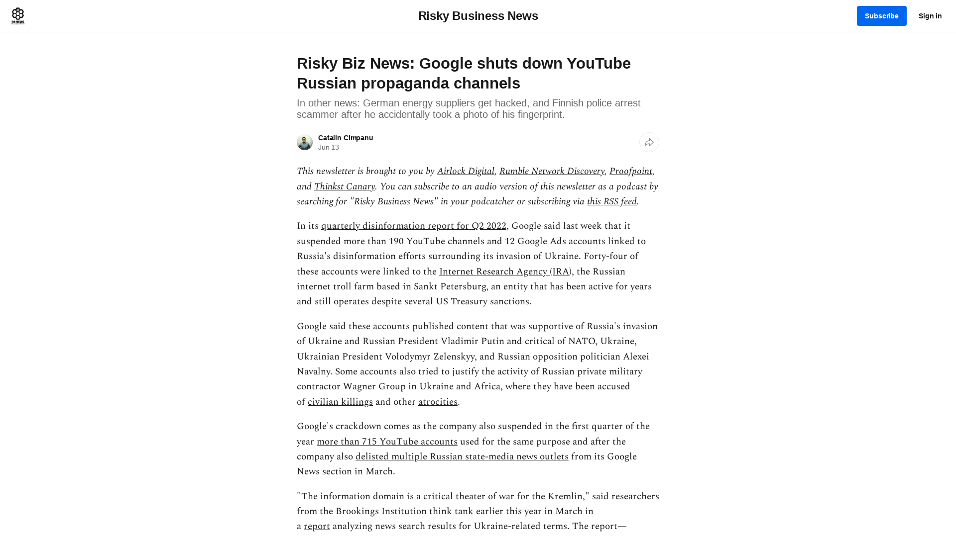 Risky Biz News: Google shuts down YouTube Russian propaganda channels