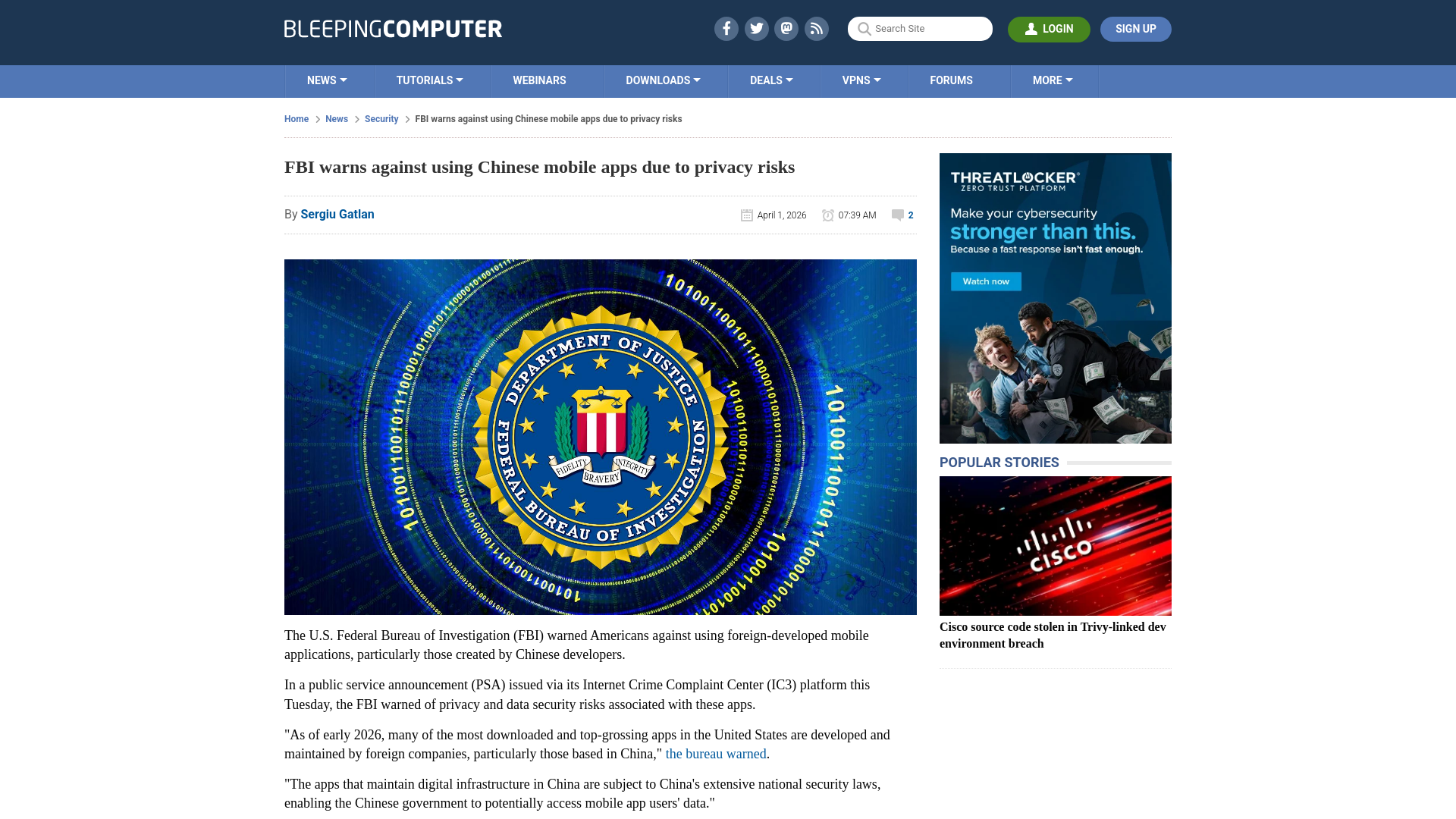FBI warns against using Chinese mobile apps due to privacy risks
