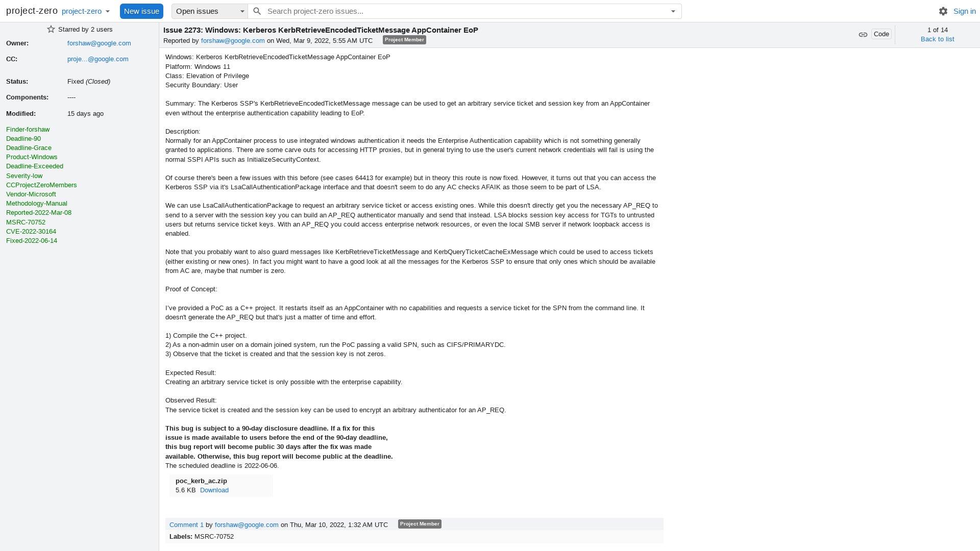 2273 - Windows: Kerberos KerbRetrieveEncodedTicketMessage AppContainer EoP - project-zero