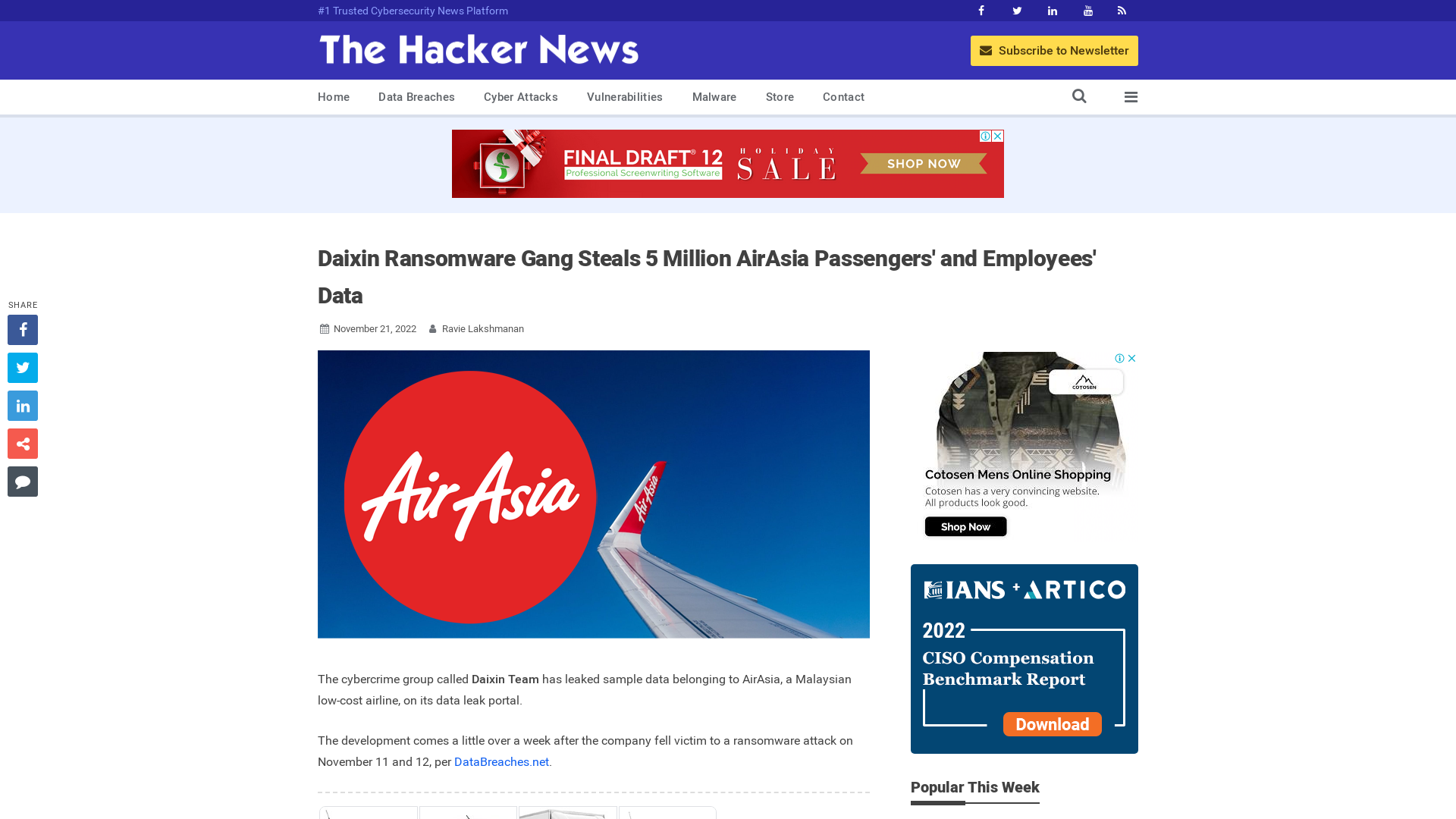 Daixin Ransomware Gang Steals 5 Million AirAsia Passengers' and Employees' Data