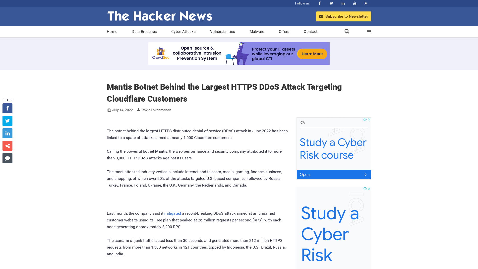 Mantis Botnet Behind the Largest HTTPS DDoS Attack Targeting Cloudflare Customers