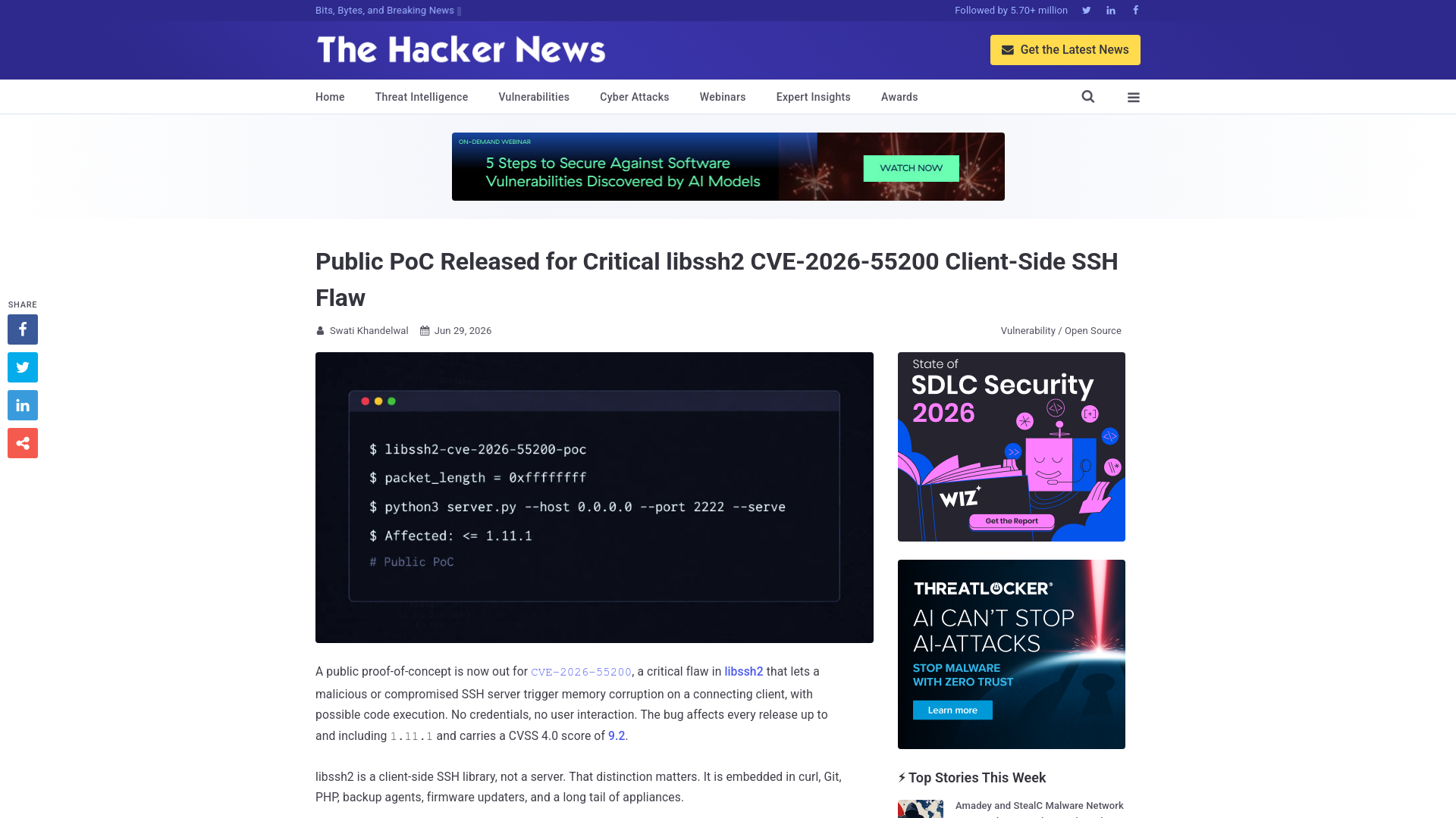 Public PoC Released for Critical libssh2 CVE-2026-55200 Client-Side SSH Flaw
