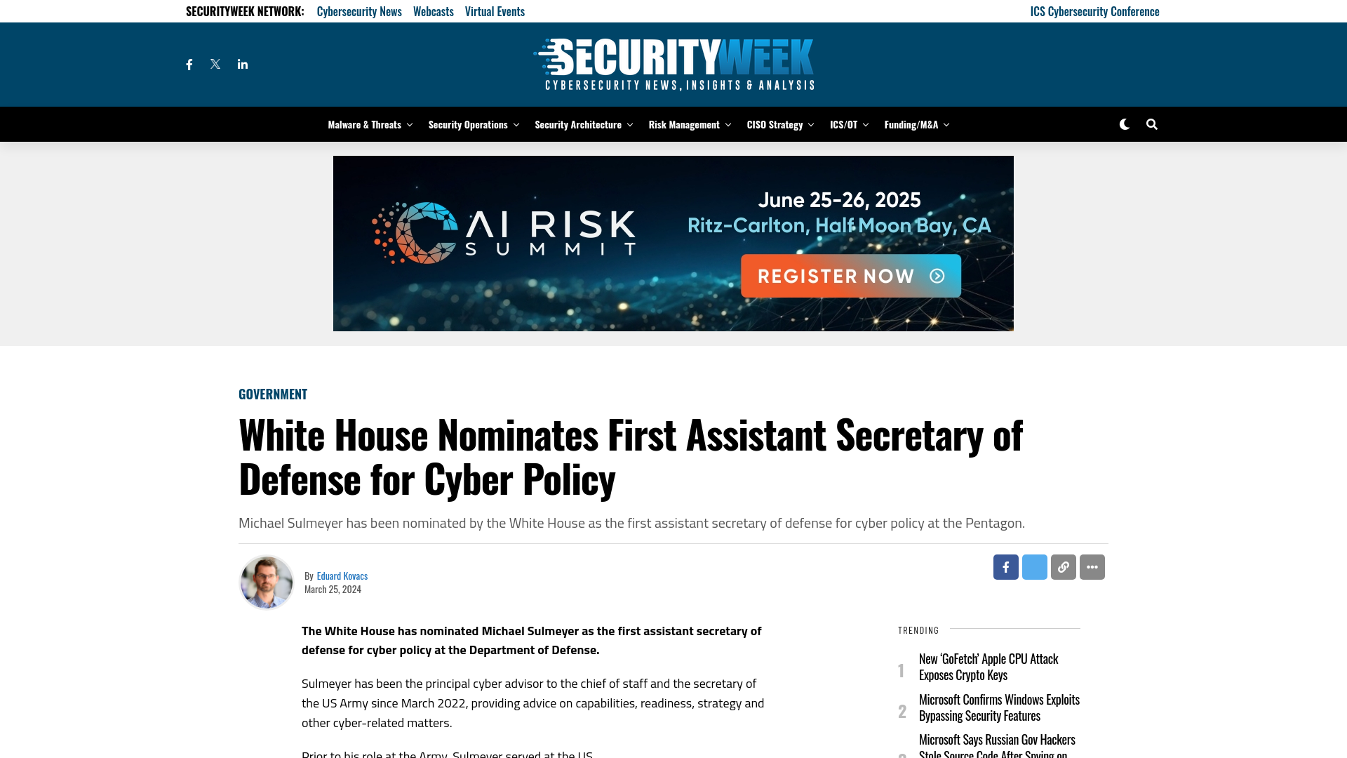 White House Nominates First Assistant Secretary of Defense for Cyber Policy - SecurityWeek