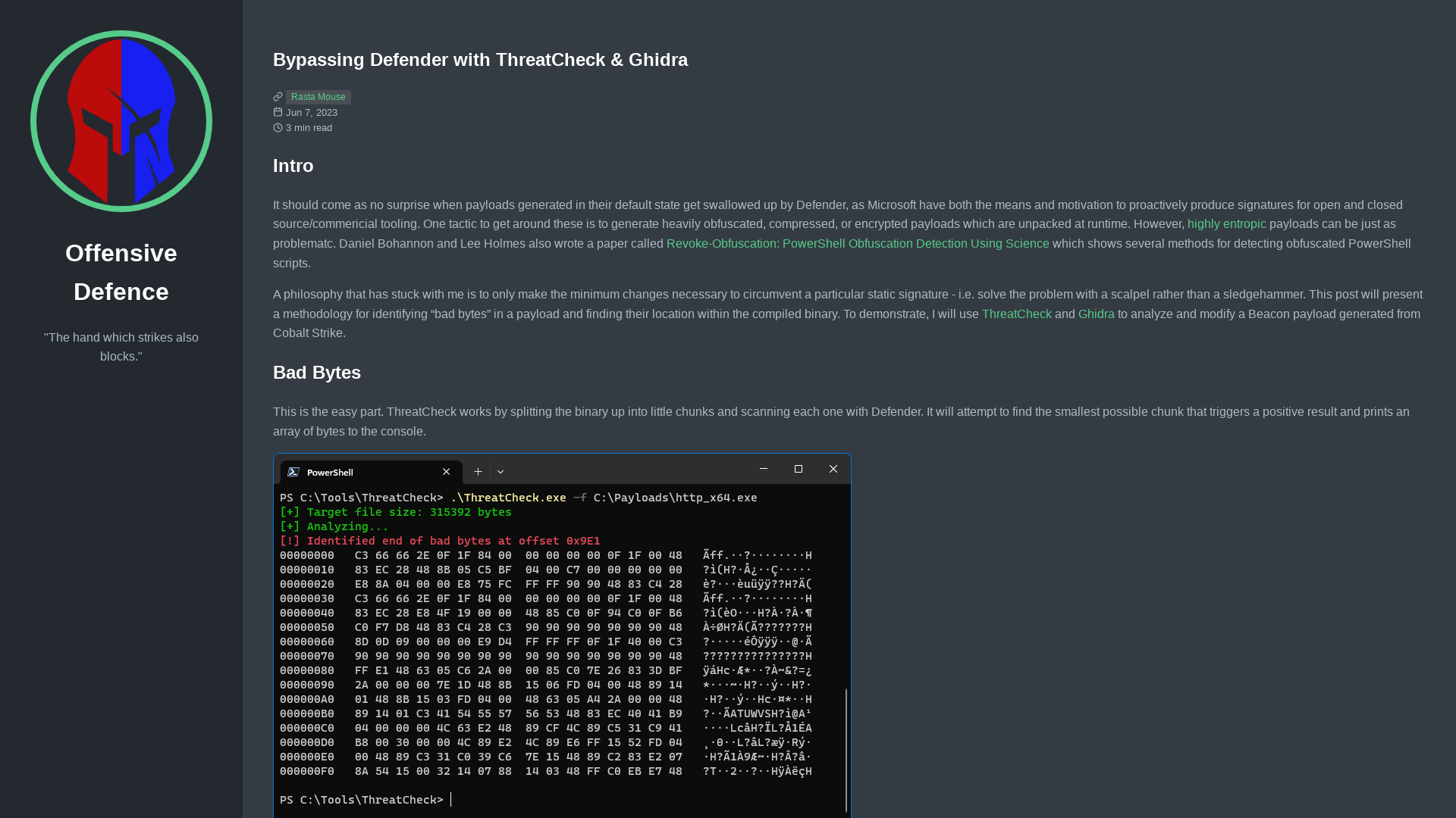 Bypassing Defender with ThreatCheck & Ghidra - Offensive Defence