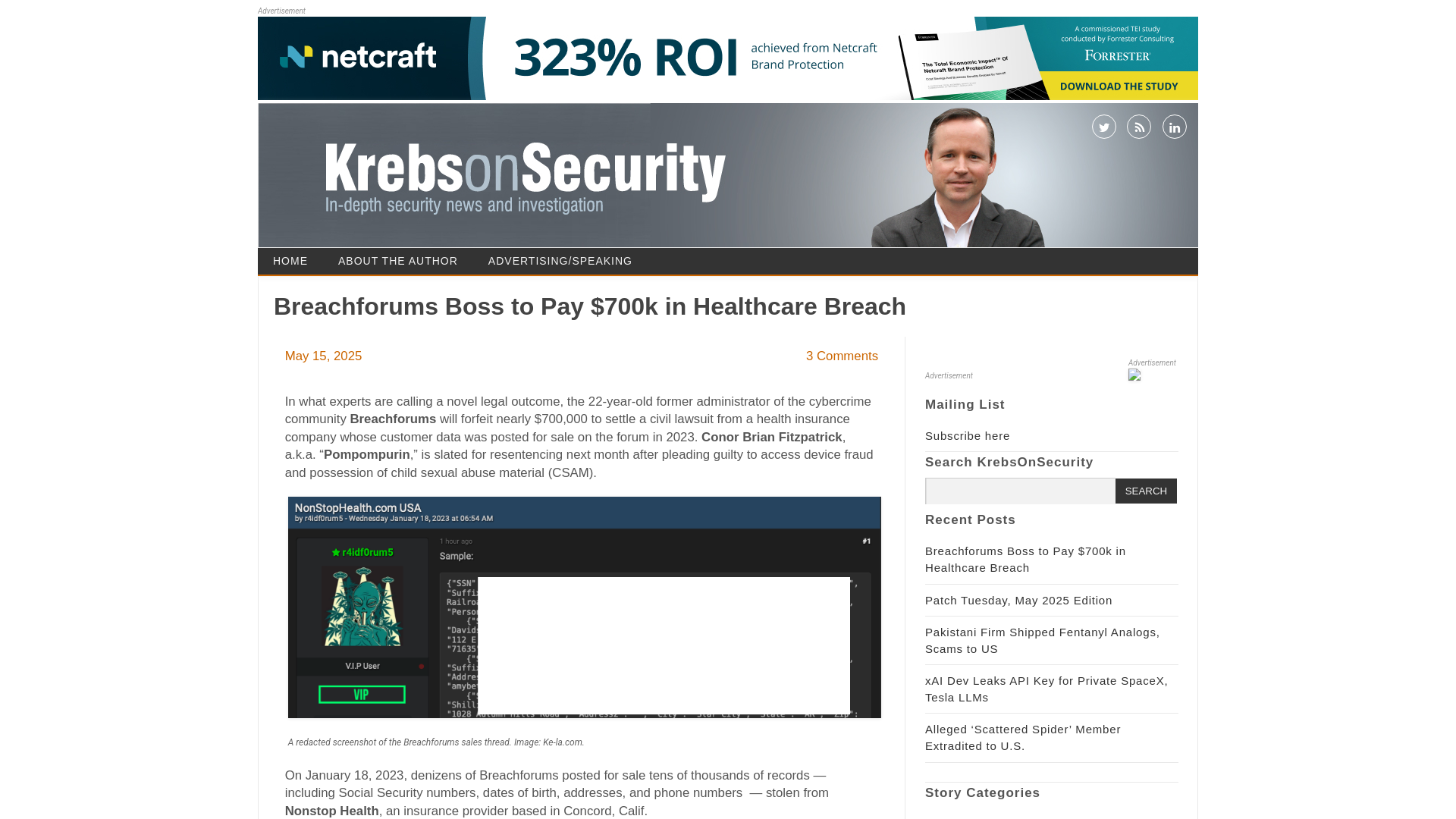 Breachforums Boss to Pay $700k in Healthcare Breach – Krebs on Security