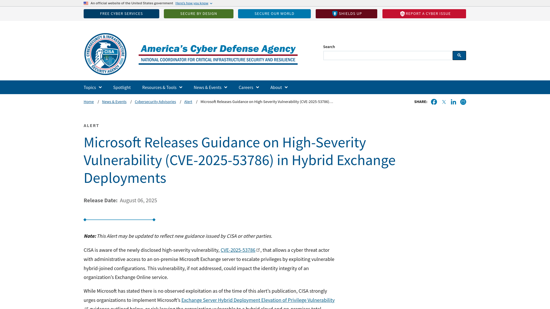 Microsoft Releases Guidance on High-Severity Vulnerability (CVE-2025-53786) in Hybrid Exchange Deployments | CISA
