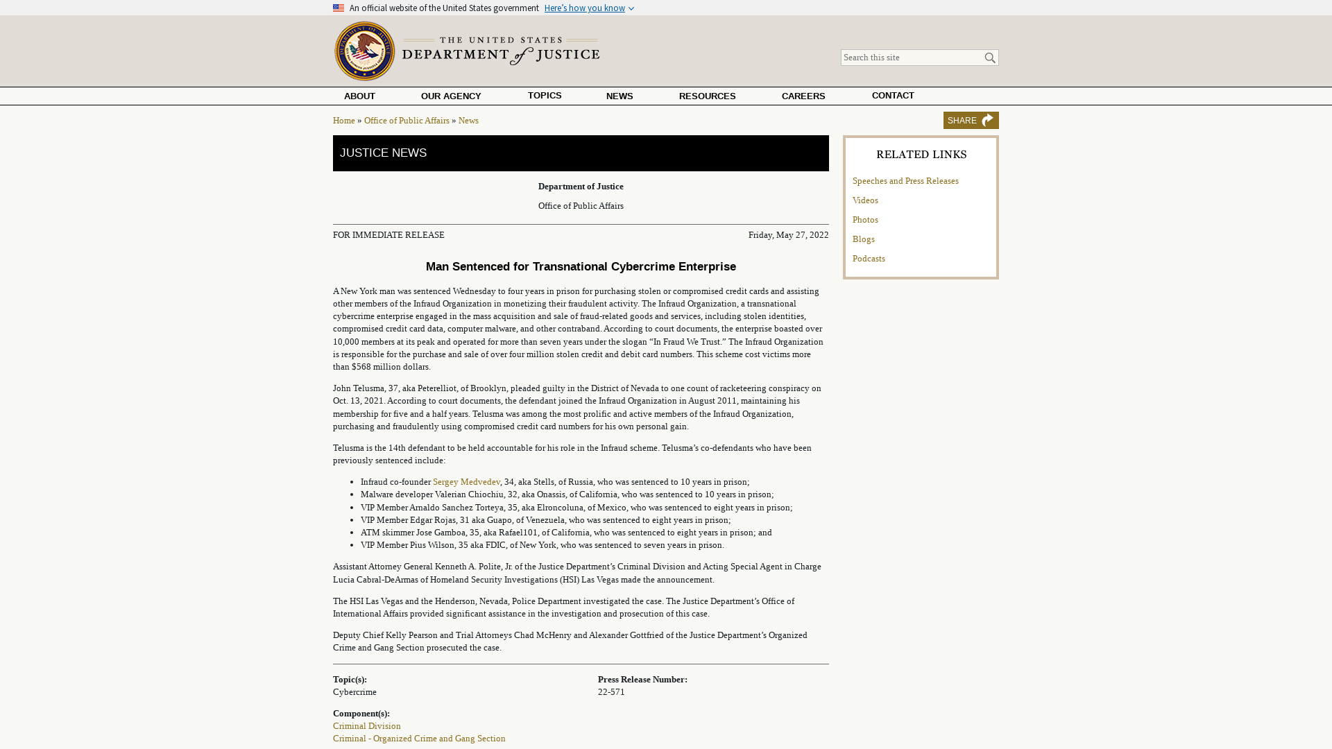 Man Sentenced for Transnational Cybercrime Enterprise | OPA | Department of Justice