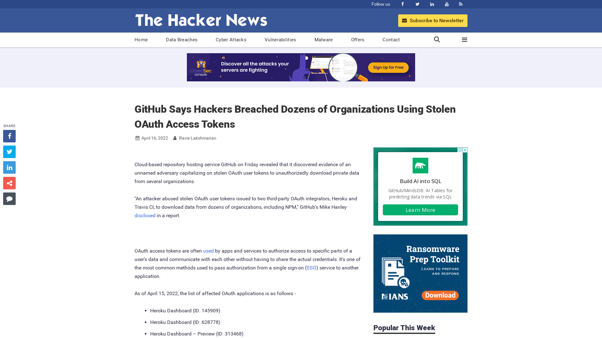 GitHub Says Hackers Breached Dozens of Organizations Using Stolen OAuth Access Tokens