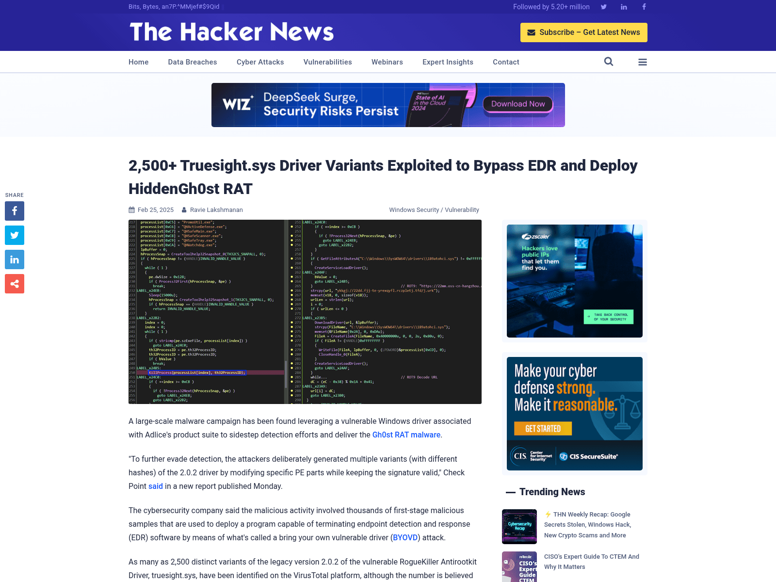 2,500+ Truesight.sys Driver Variants Exploited to Bypass EDR and Deploy HiddenGh0st RAT