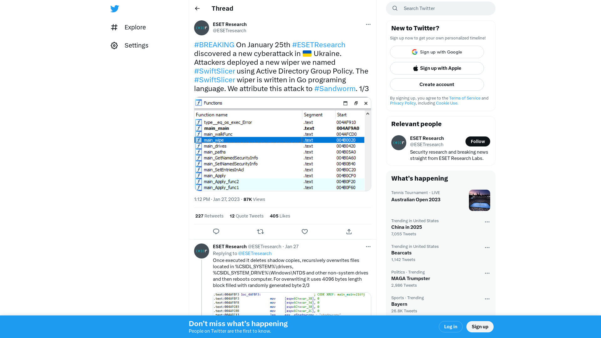 ESET Research on Twitter: "#BREAKING On January 25th #ESETResearch discovered a new cyberattack in 🇺🇦 Ukraine. Attackers deployed a new wiper we named #SwiftSlicer using Active Directory Group Policy. The #SwiftSlicer wiper is written in Go programing language. We attribute this attack to #Sandworm. 1/3 https://t.co/pMij9lpU5J" / Twitter