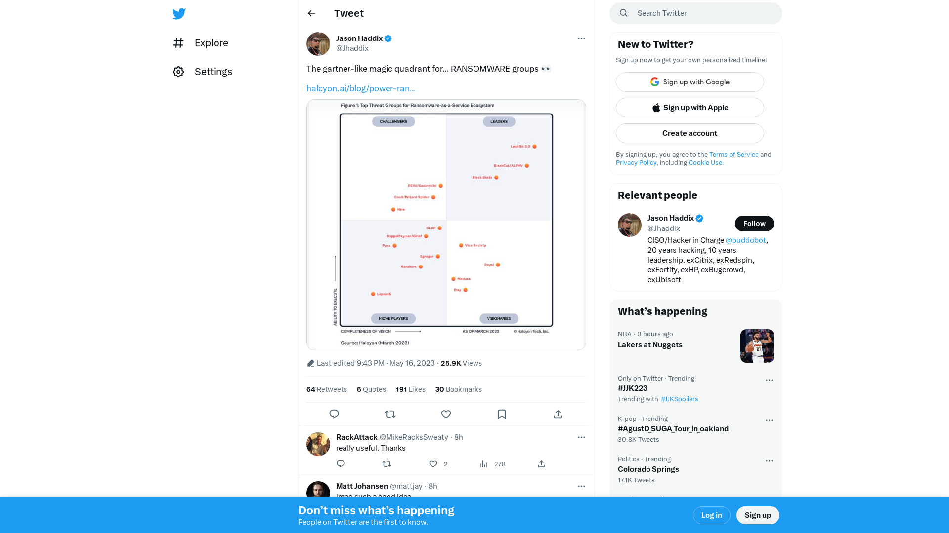 Jason Haddix on Twitter: "The gartner-like magic quadrant for... RANSOMWARE groups 👀 https://t.co/t6ls5UYnUO https://t.co/dp2f14s3dq" / Twitter