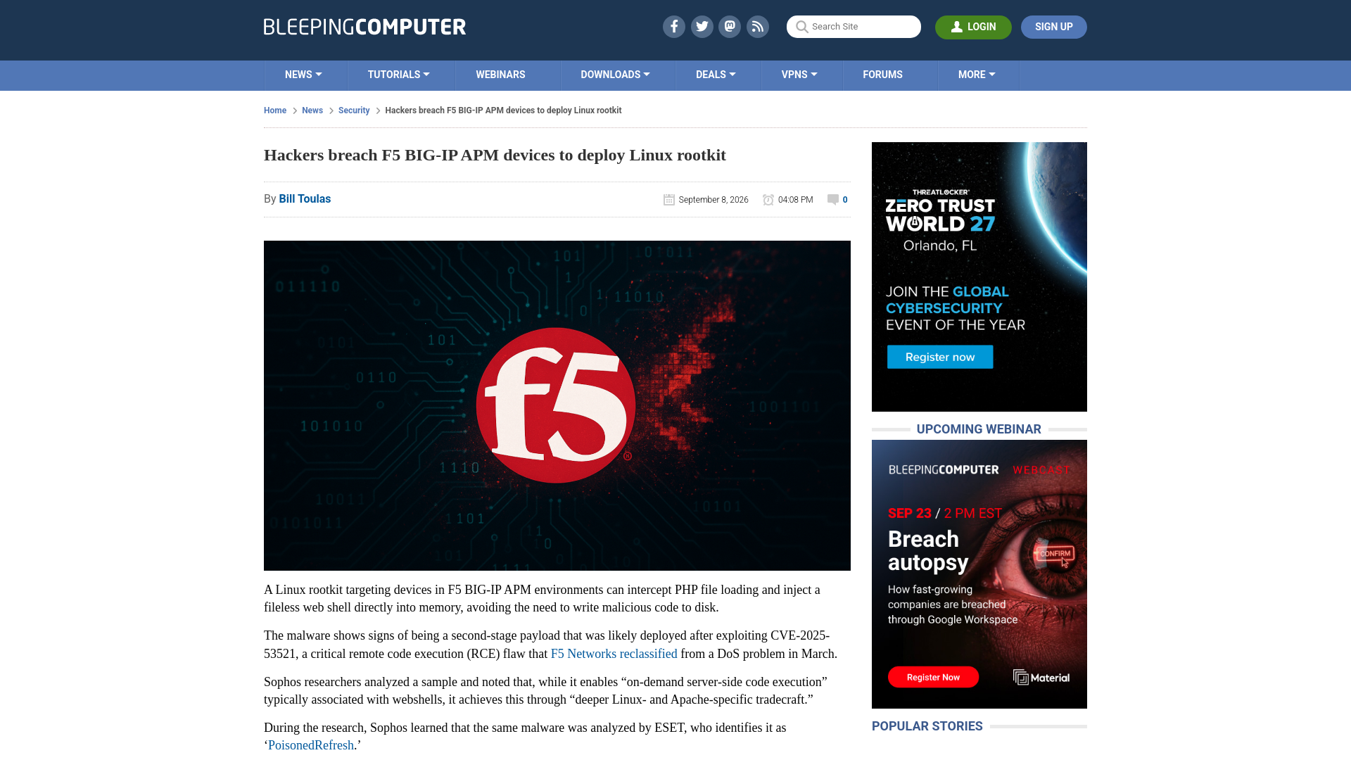Hackers breach F5 BIG-IP APM devices to deploy Linux rootkit