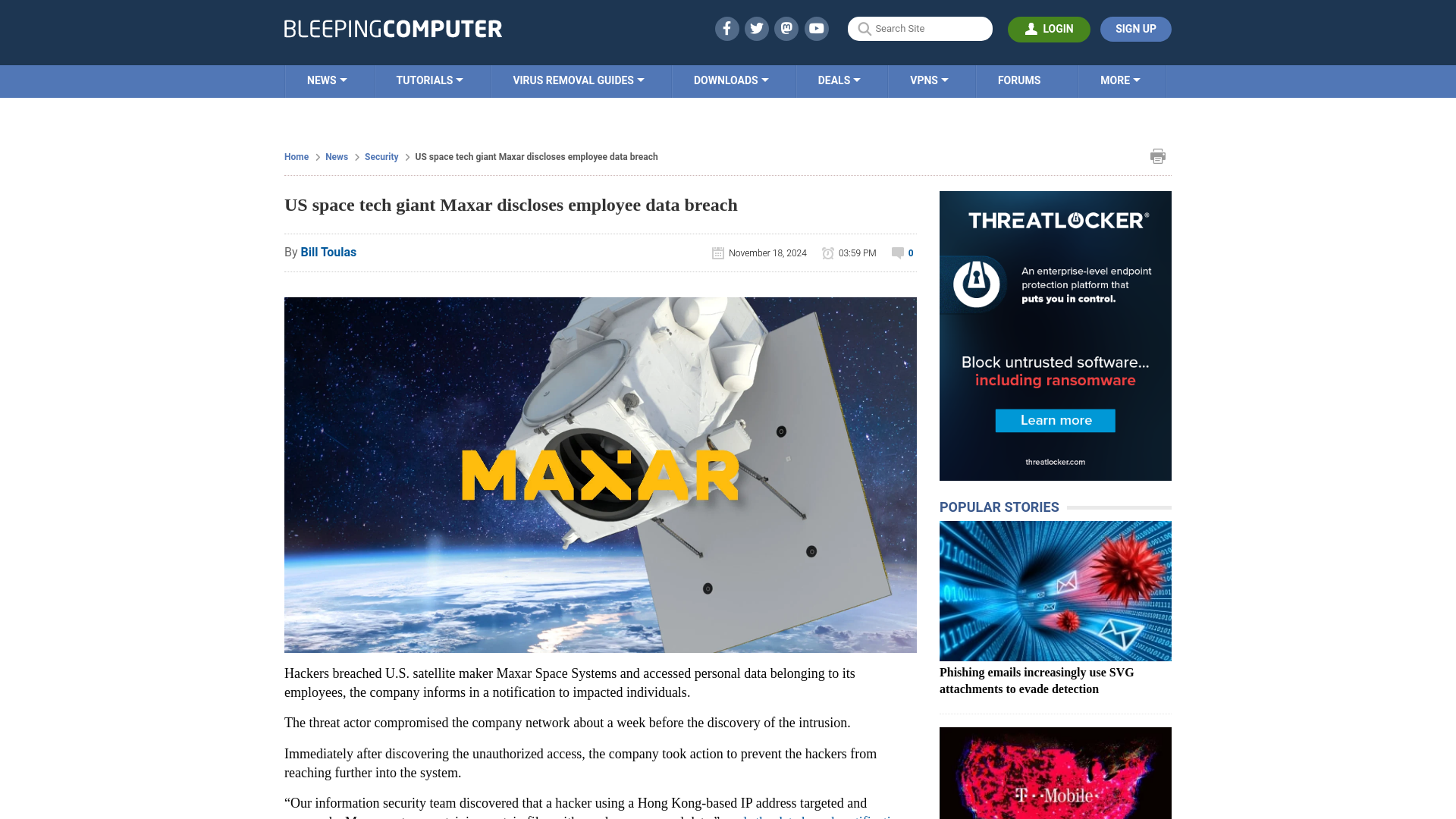 US space tech giant Maxar discloses employee data breach