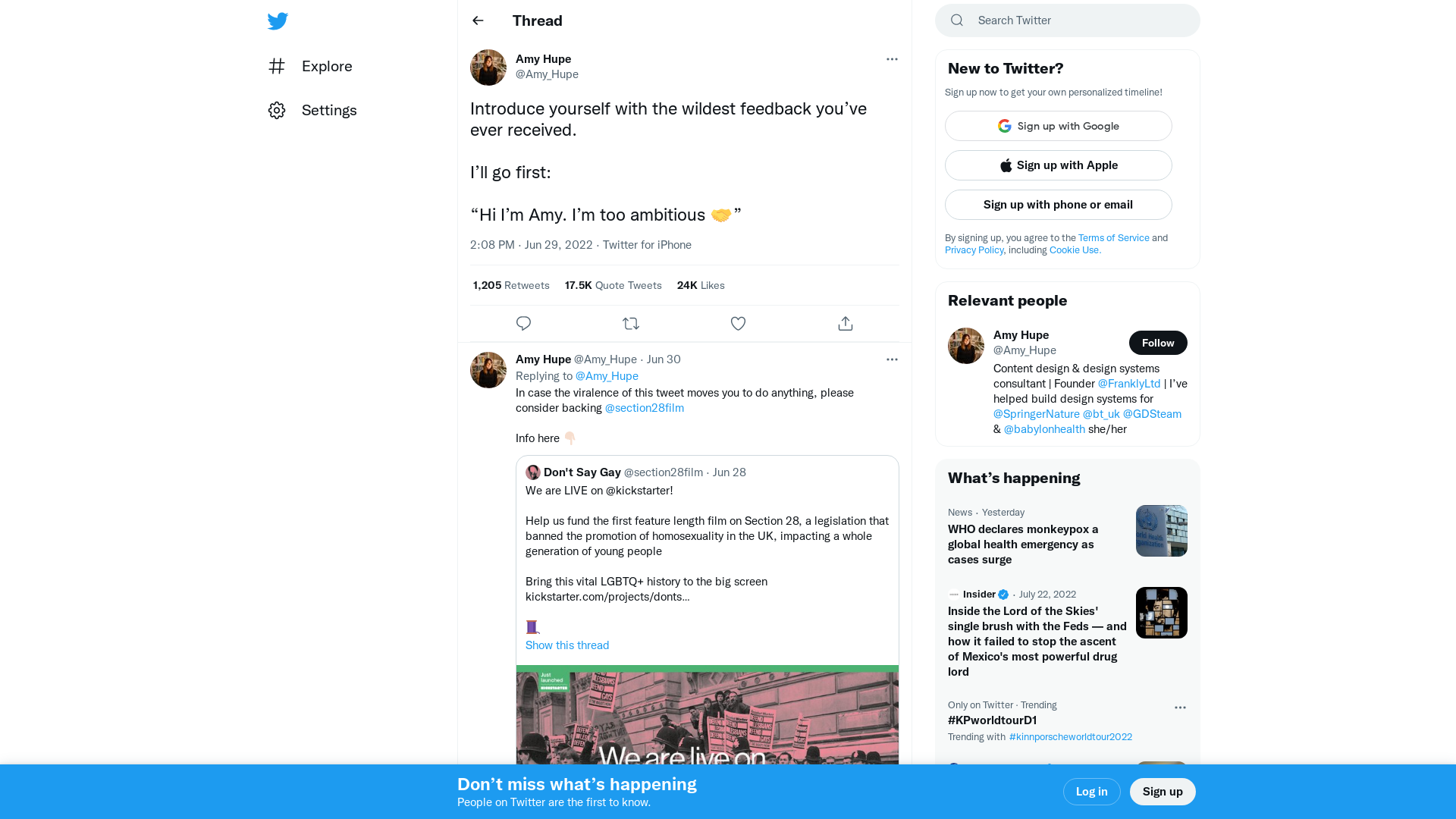 Amy Hupe on Twitter: "Introduce yourself with the wildest feedback you’ve ever received. I’ll go first: “Hi I’m Amy. I’m too ambitious 🤝”" / Twitter