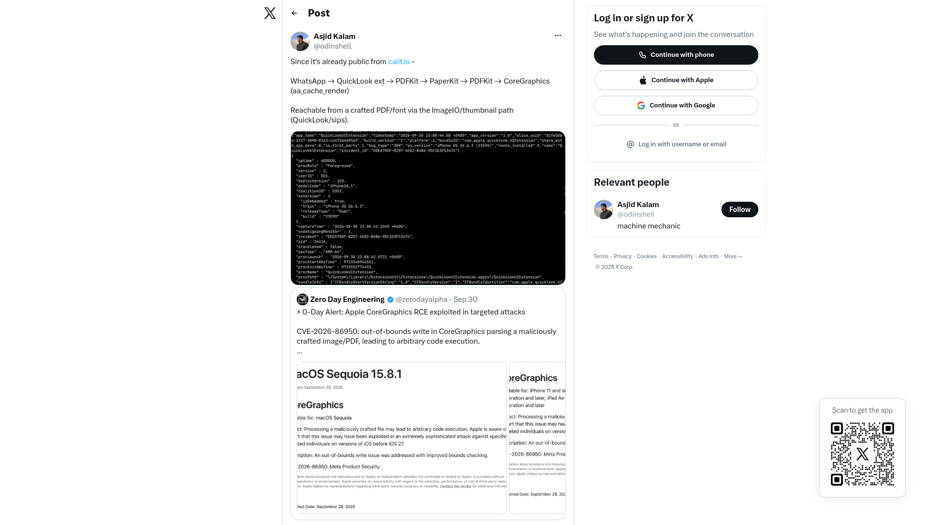 Asjid Kalam on X: "Since it's already public from https://t.co/3EX4ZqEkSc - WhatsApp → QuickLook ext → PDFKit → PaperKit → PDFKit → CoreGraphics (aa_cache_render) Reachable from a crafted PDF/font via the ImageIO/thumbnail path (QuickLook/sips)." / X