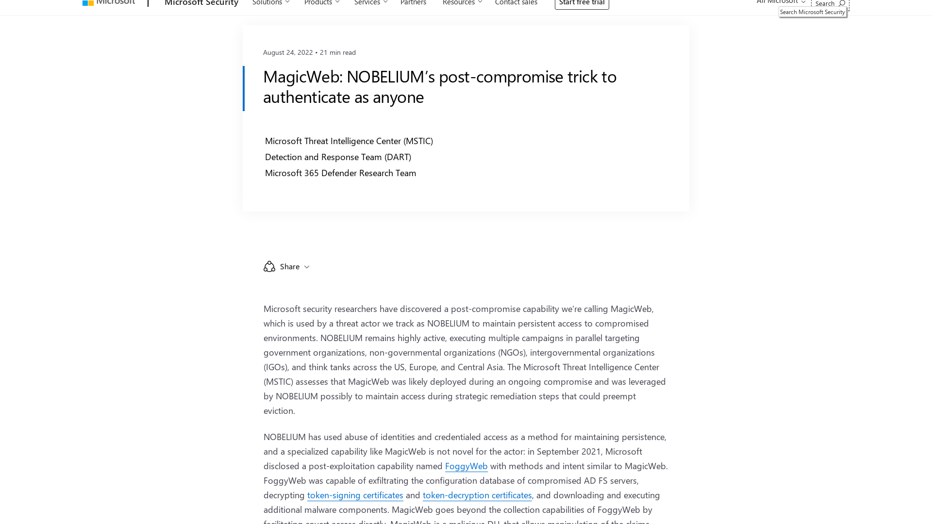 MagicWeb: NOBELIUM’s post-compromise trick to authenticate as anyone - Microsoft Security Blog