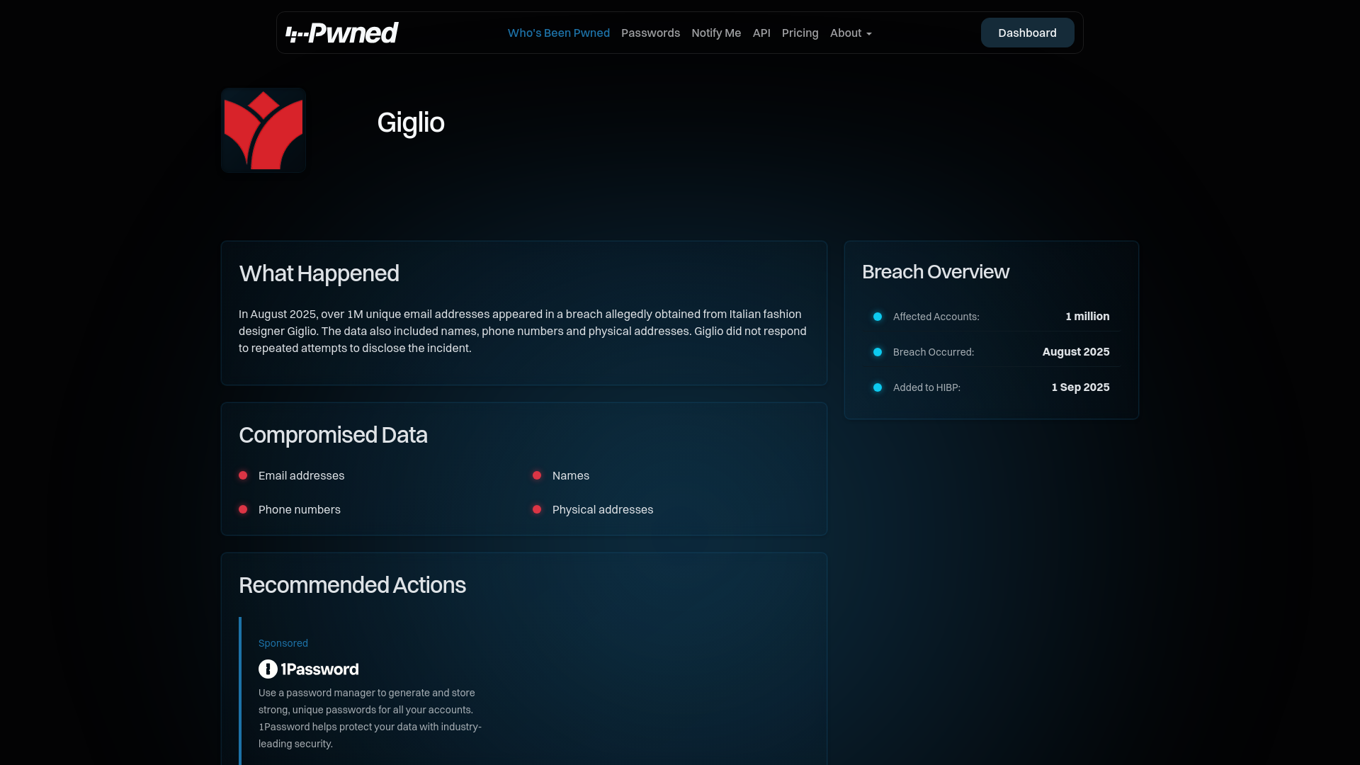 Have I Been Pwned: Giglio Data Breach