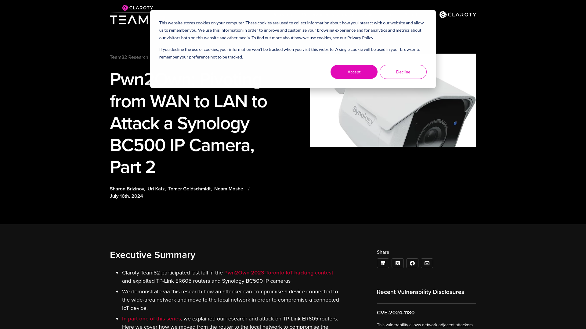 Pwn2Own: Pivoting from WAN to LAN to Attack a Synology BC500 IP Camera, Part 2 | Claroty