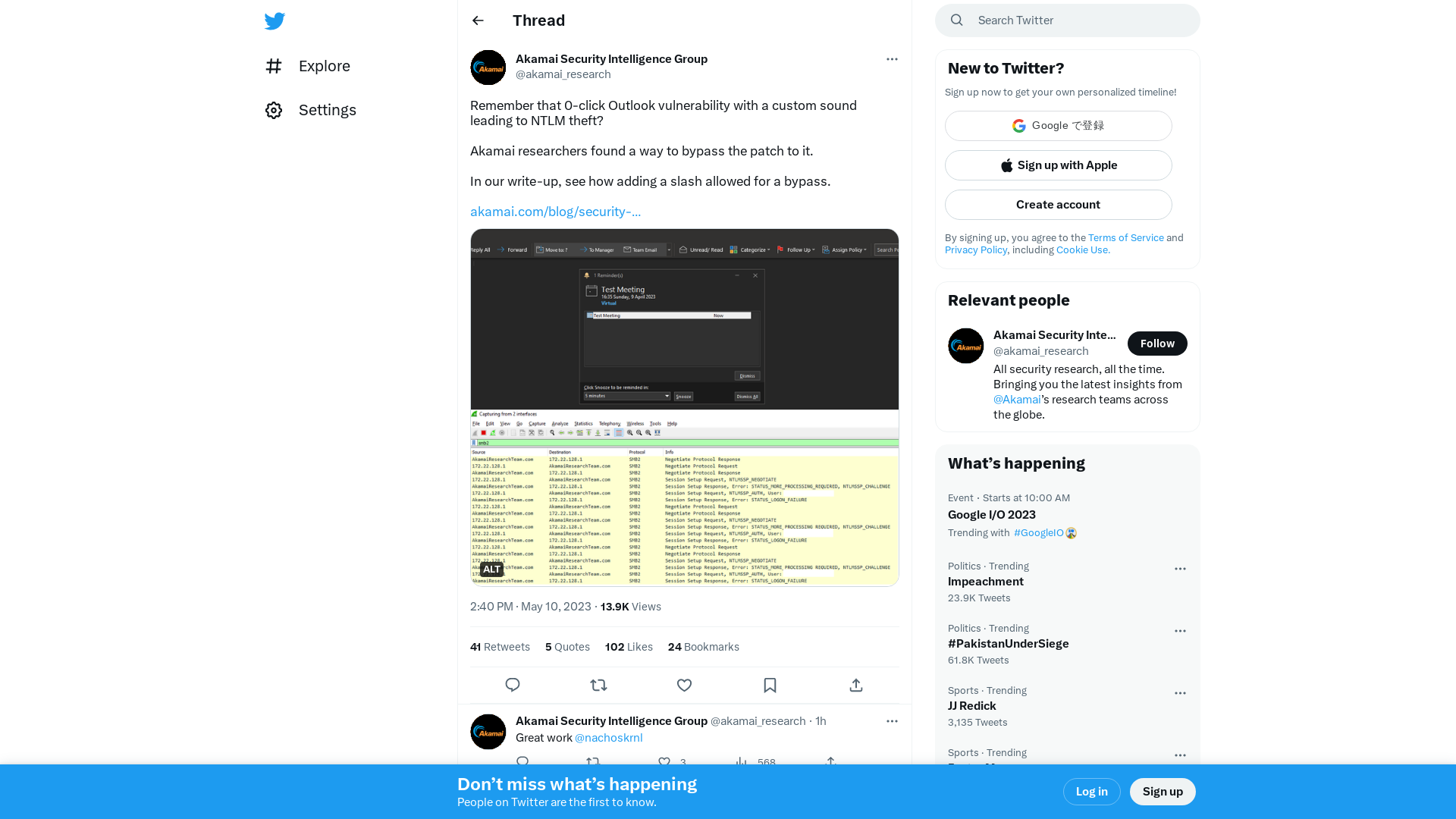 Akamai Security Intelligence Group on Twitter: "Remember that 0-click Outlook vulnerability with a custom sound leading to NTLM theft? Akamai researchers found a way to bypass the patch to it. In our write-up, see how adding a slash allowed for a bypass. https://t.co/eO121SaZur https://t.co/YrrBikMZqj" / Twitter