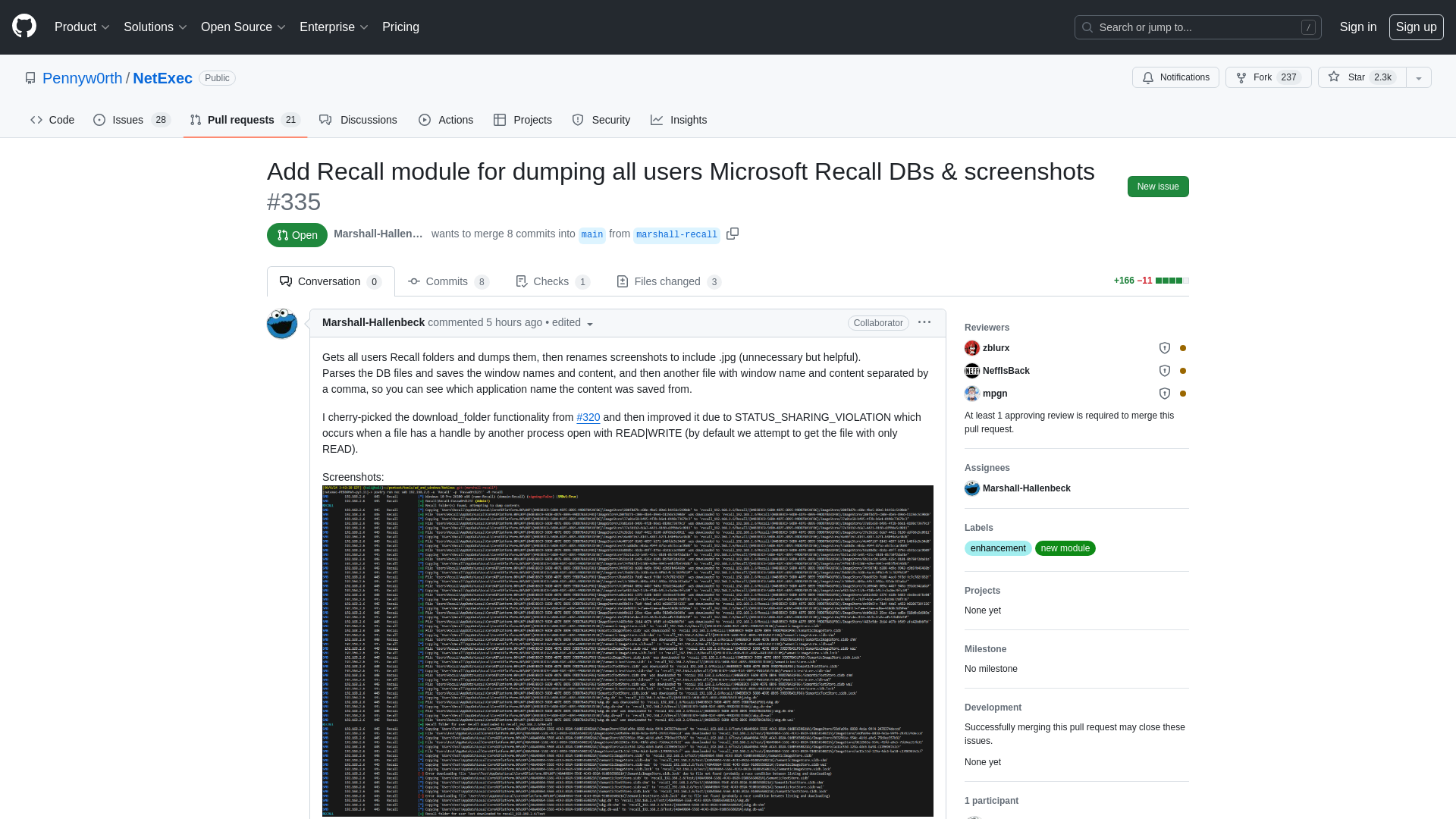 Add Recall module for dumping all users Microsoft Recall DBs & screenshots by Marshall-Hallenbeck · Pull Request #335 · Pennyw0rth/NetExec · GitHub