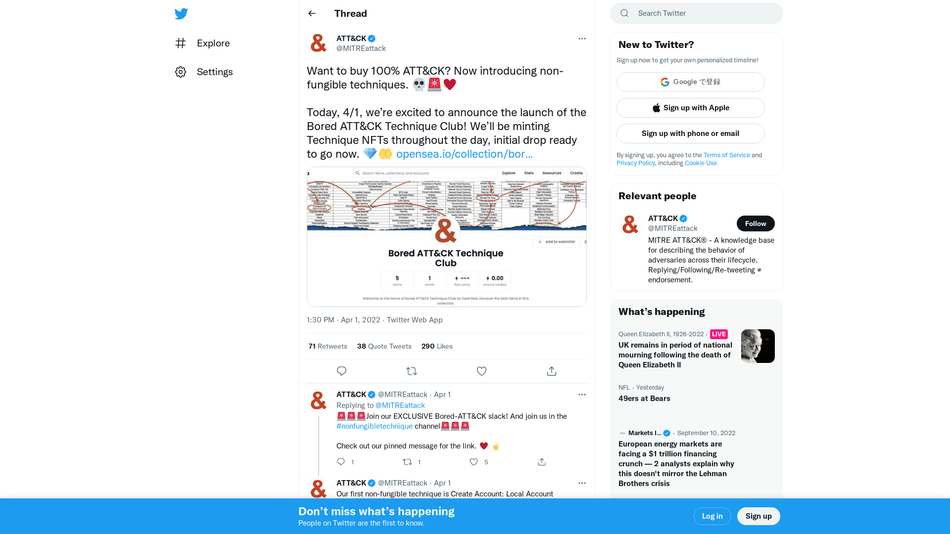 ATT&CK on Twitter: "Want to buy 100% ATT&amp;CK? Now introducing non-fungible techniques. 💀🚨♥️ Today, 4/1, we’re excited to announce the launch of the Bored ATT&amp;CK Technique Club! We’ll be minting Technique NFTs throughout the day, initial drop ready to go now. 💎🤲 https://t.co/ZUYRFzFpra https://t.co/UnvaQwA9lG" / Twitter